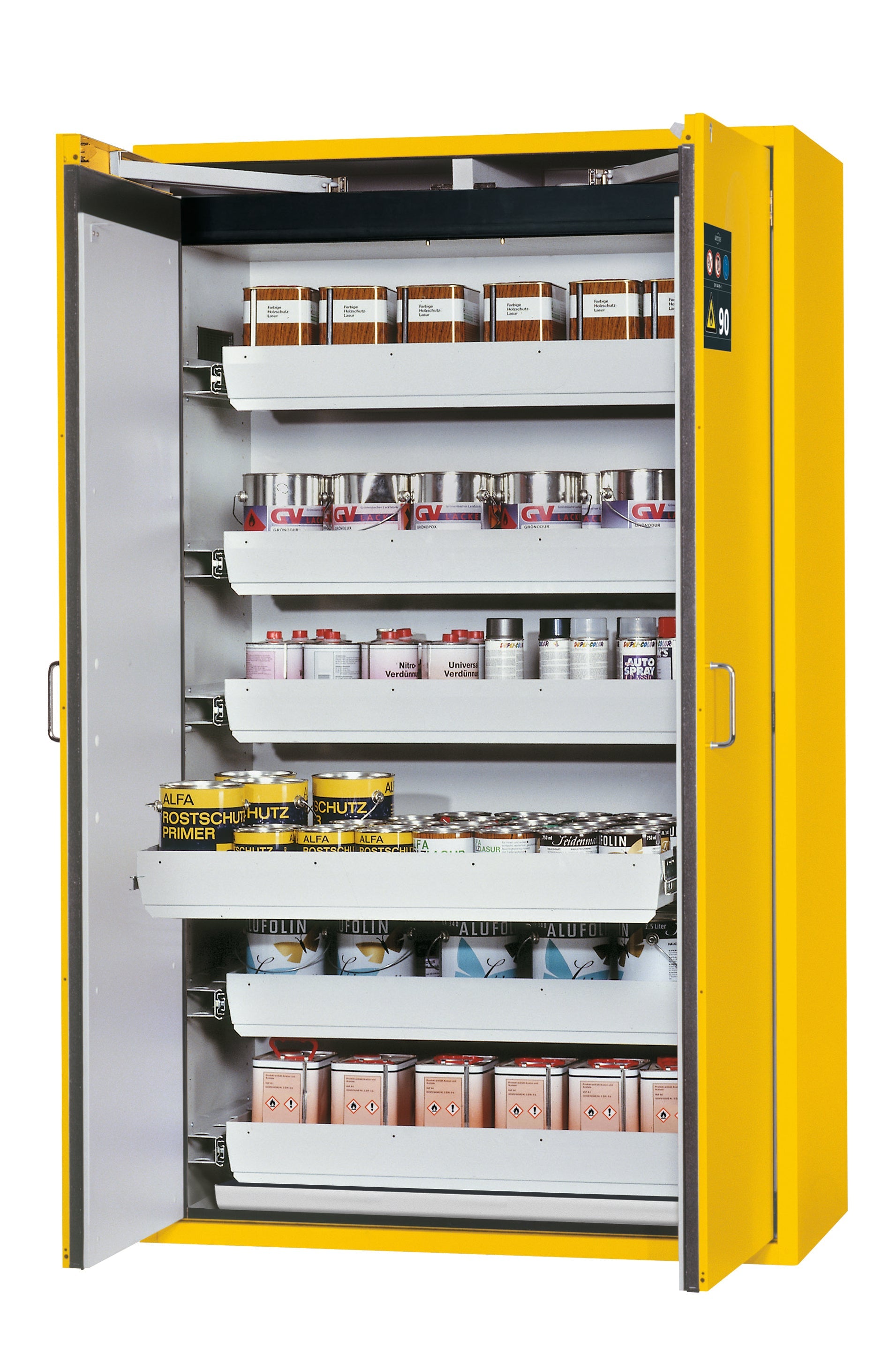 Type 90 safety storage cabinet S-CLASSIC-90 model S90.196.120.WDAS in warning yellow RAL 1004 with 6x drawer (standard) (sheet steel),