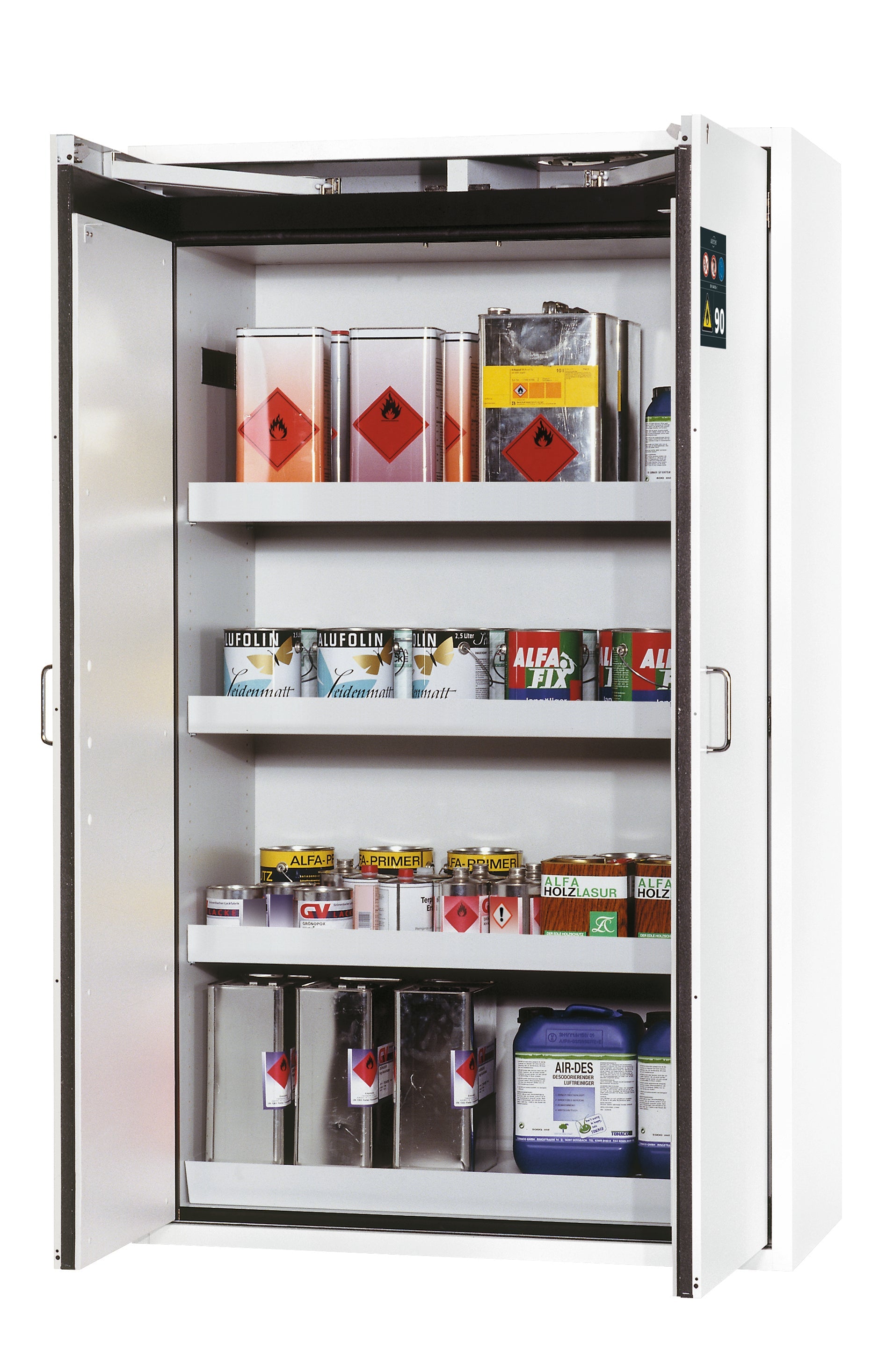 Type 90 safety storage cabinet S-CLASSIC-90 model S90.196.120.WDAS in laboratory white (sim. RAL 9016) with 3x tray shelf (standard) (sheet steel),