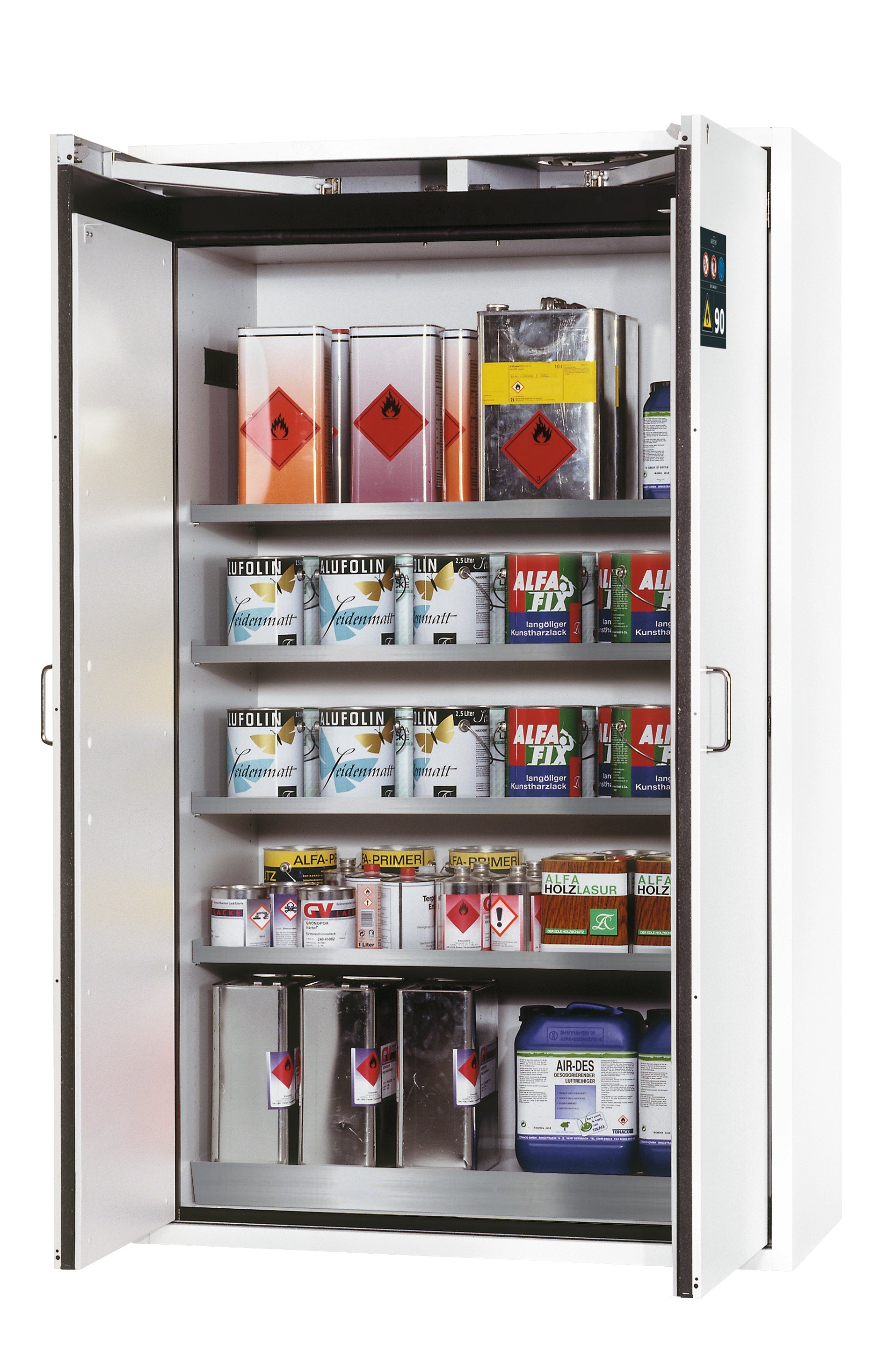Type 90 safety storage cabinet S-CLASSIC-90 model S90.196.120.WDAS in laboratory white (sim. RAL 9016) with 4x shelf standard (stainless steel 1.4301),