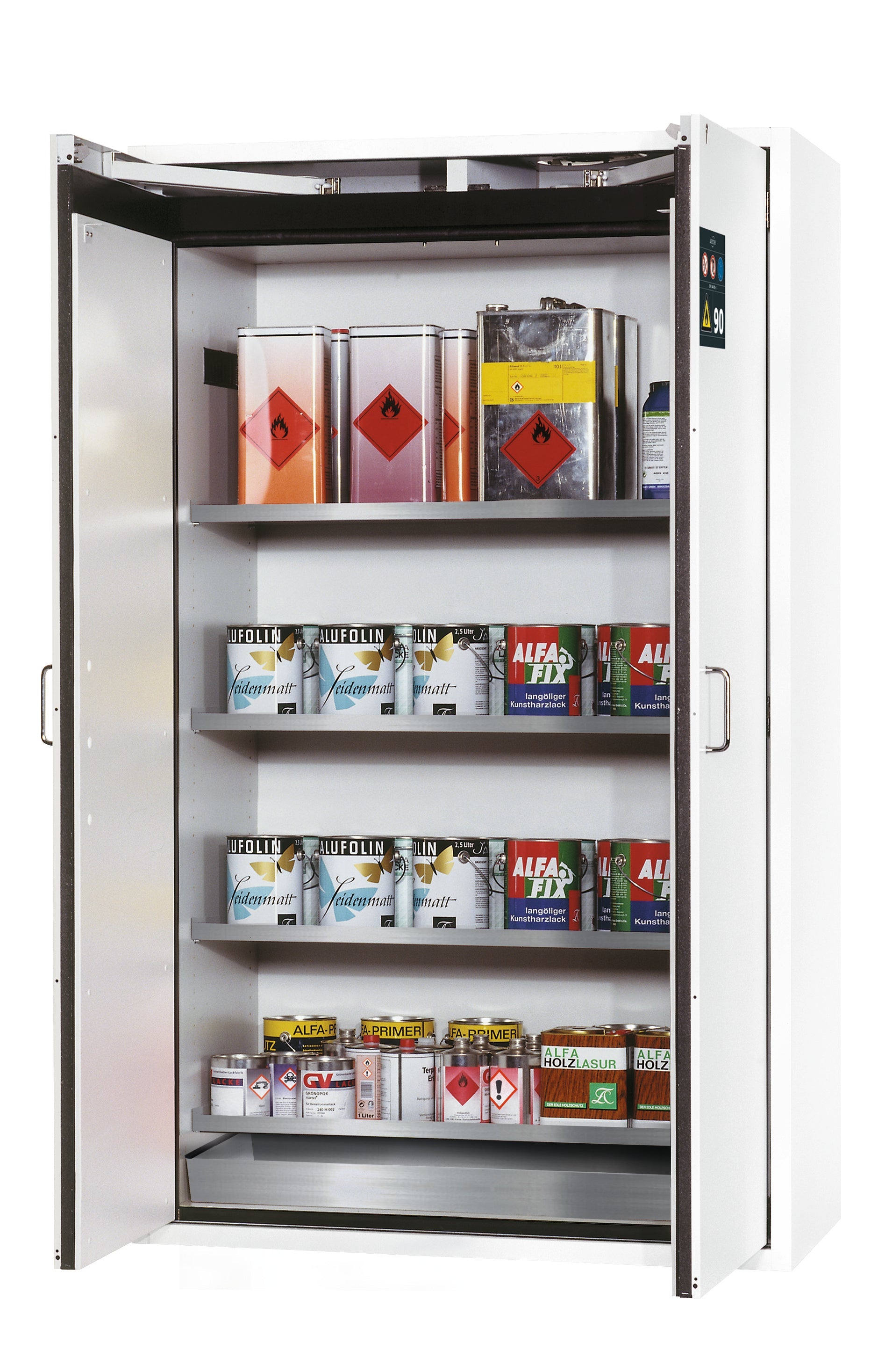 Type 90 safety storage cabinet S-CLASSIC-90 model S90.196.120.WDAS in laboratory white (sim. RAL 9016) with 4x shelf standard (stainless steel 1.4301),