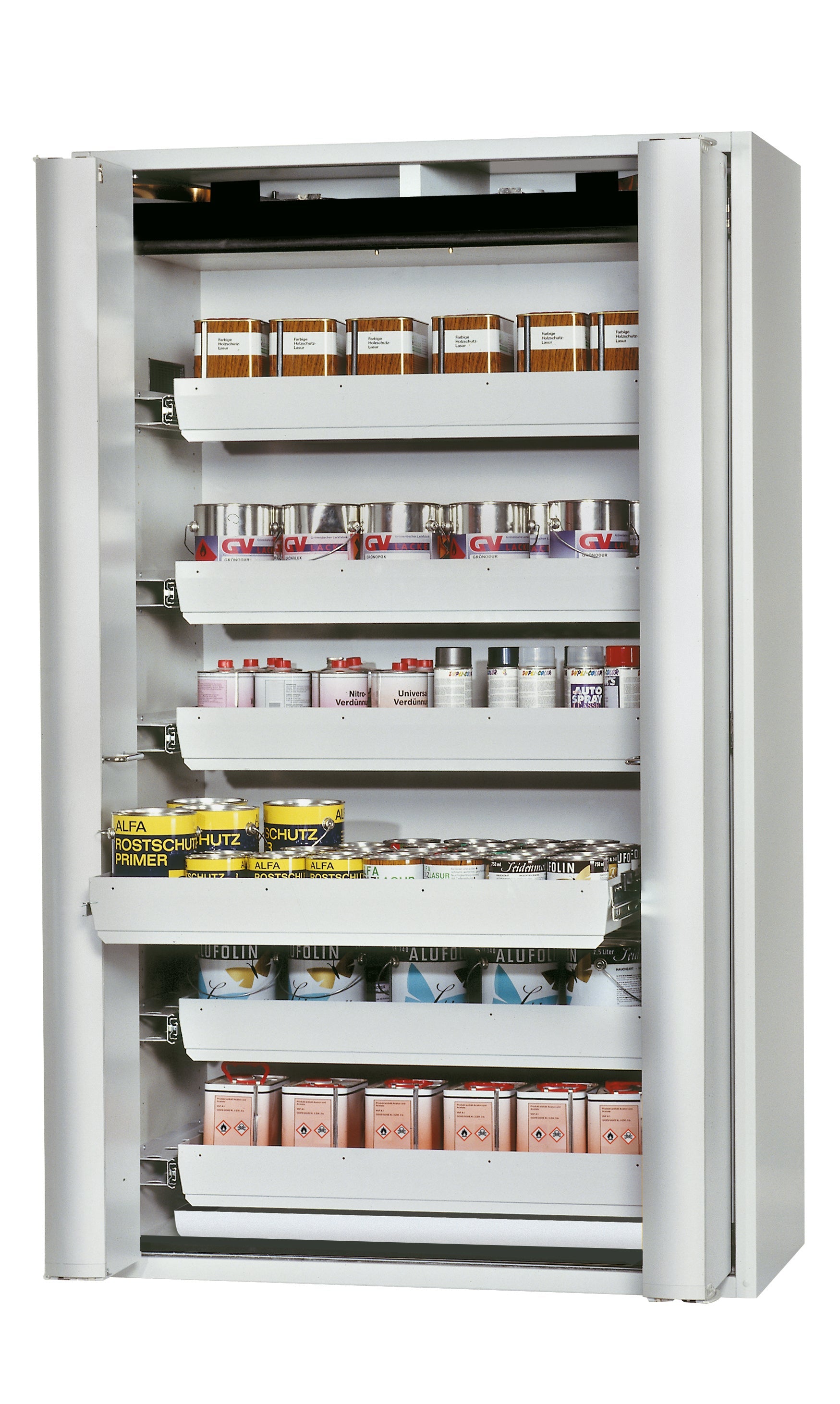 Typ 90 Sicherheitsschrank S-PHOENIX-90 Modell S90.196.120.FDAS in lichtgrau RAL 7035 mit 6x Auszugswanne Standard (Stahlblech)