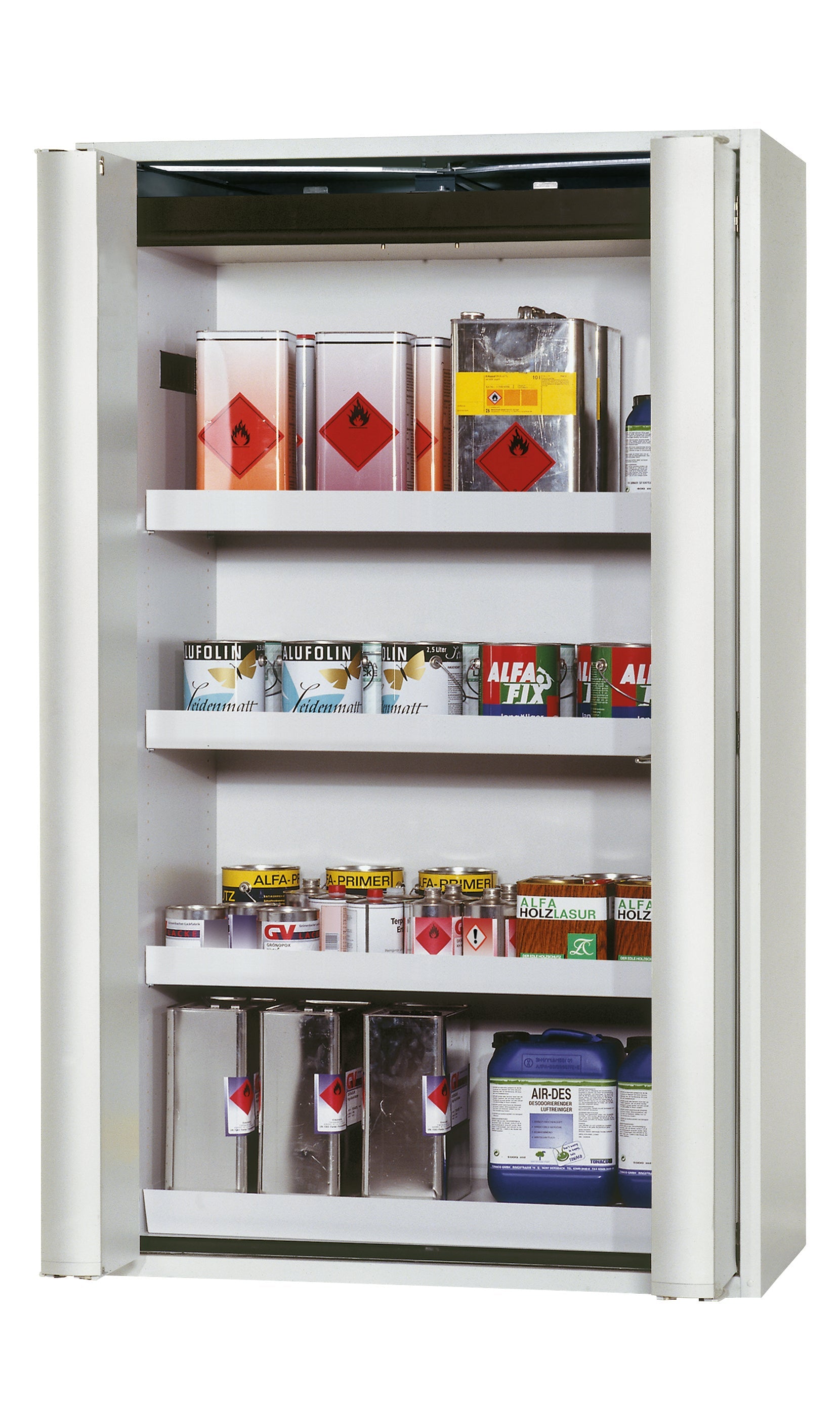 Type 90 safety storage cabinet S-PHOENIX Vol.2-90 model S90.196.120.FDAC in light grey RAL 7035 with 3x tray shelf (standard) (sheet steel),