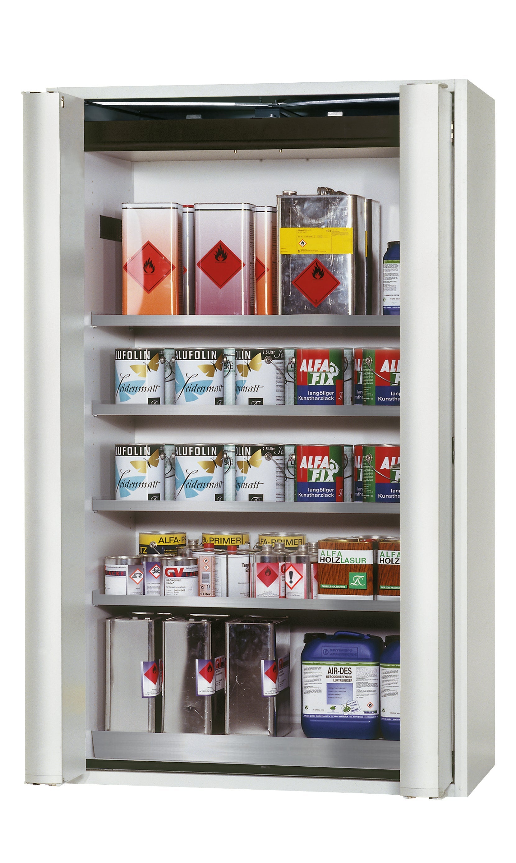 Type 90 safety storage cabinet S-PHOENIX Vol.2-90 model S90.196.120.FDAC in light grey RAL 7035 with 4x shelf standard (stainless steel 1.4301),