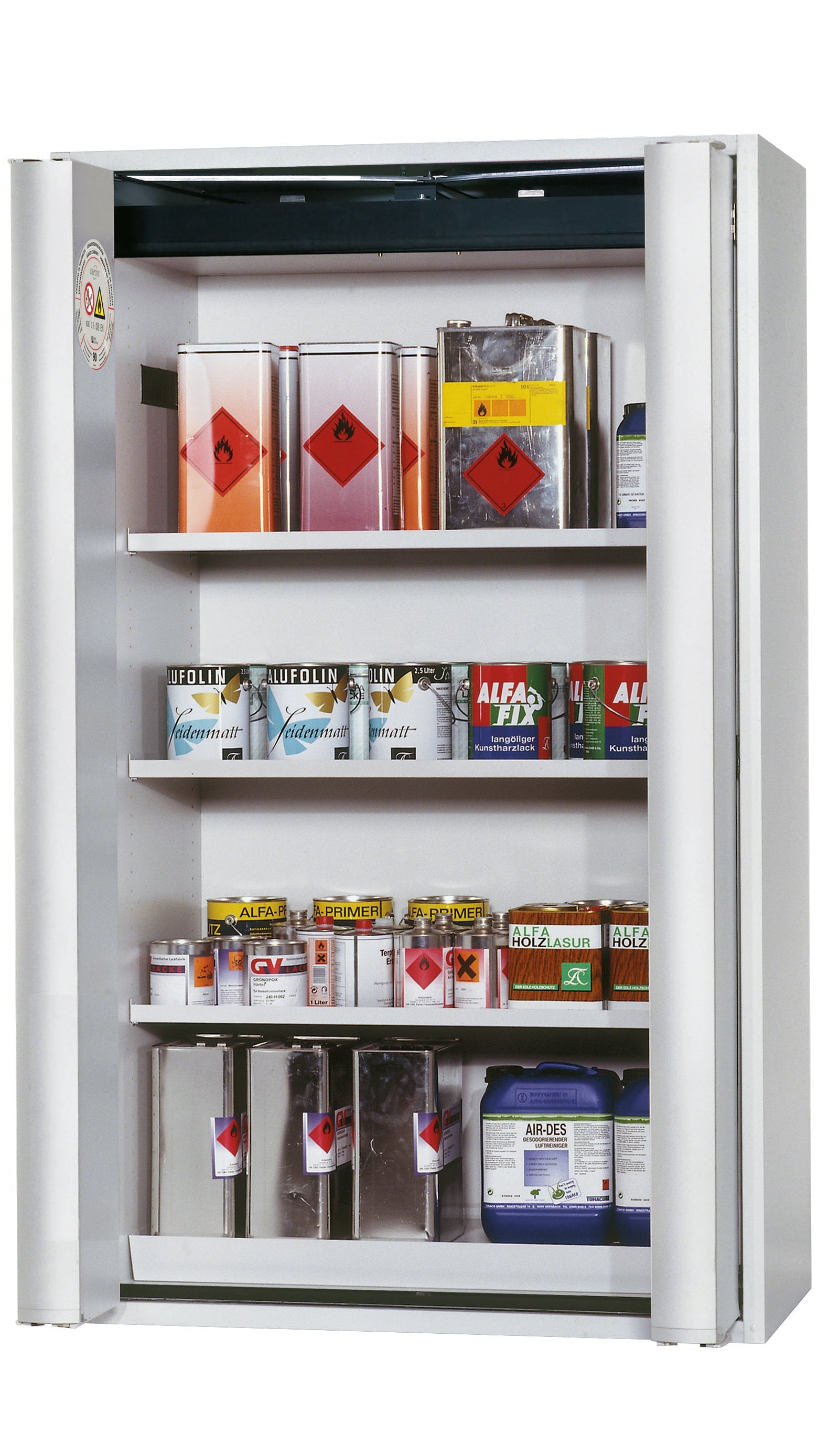 Type 90 safety storage cabinet S-PHOENIX Vol.2-90 model S90.196.120.FDAC in light grey RAL 7035 with 3x shelf standard (sheet steel),