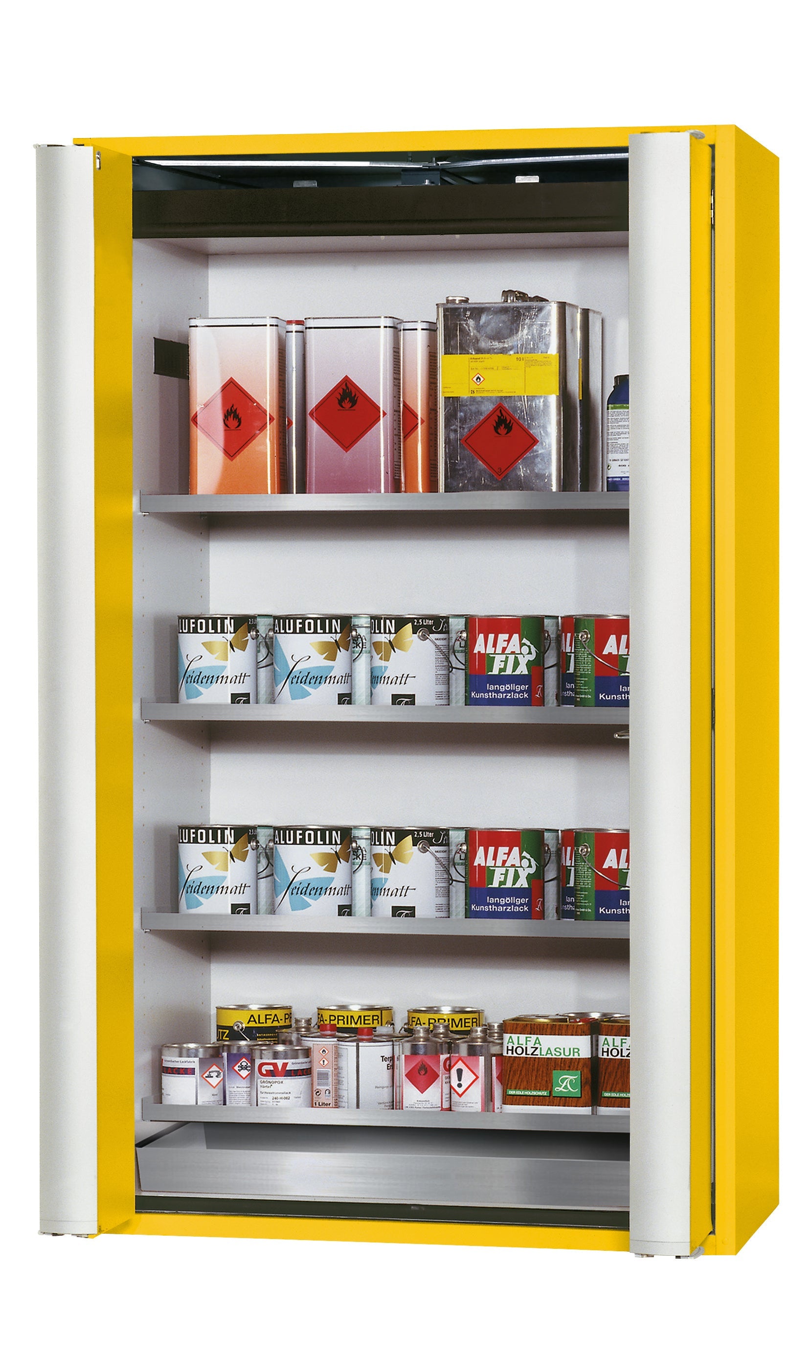 Armoire de sécurité type 90 S-PHOENIX Vol.2-90 modèle S90.196.120.FDAC en jaune de sécurité RAL 1004 avec 4x étagères standard (acier inoxydable 1.4301)