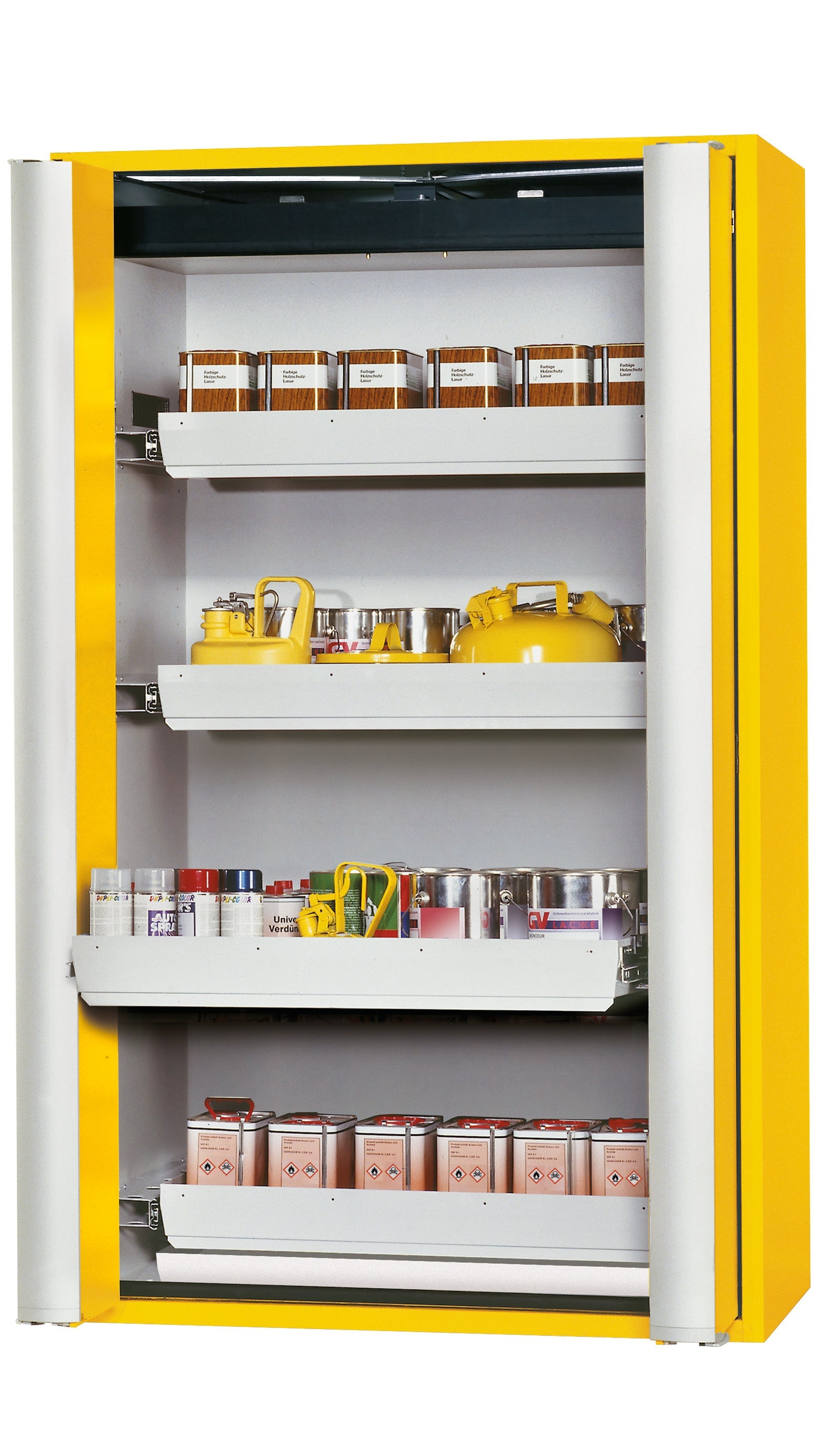 Armoire de sécurité type 90 S-PHOENIX Vol.2-90 modèle S90.196.120.FDAC en jaune de sécurité RAL 1004 avec 4x plateaux coulissants standard (tôle d'acier)