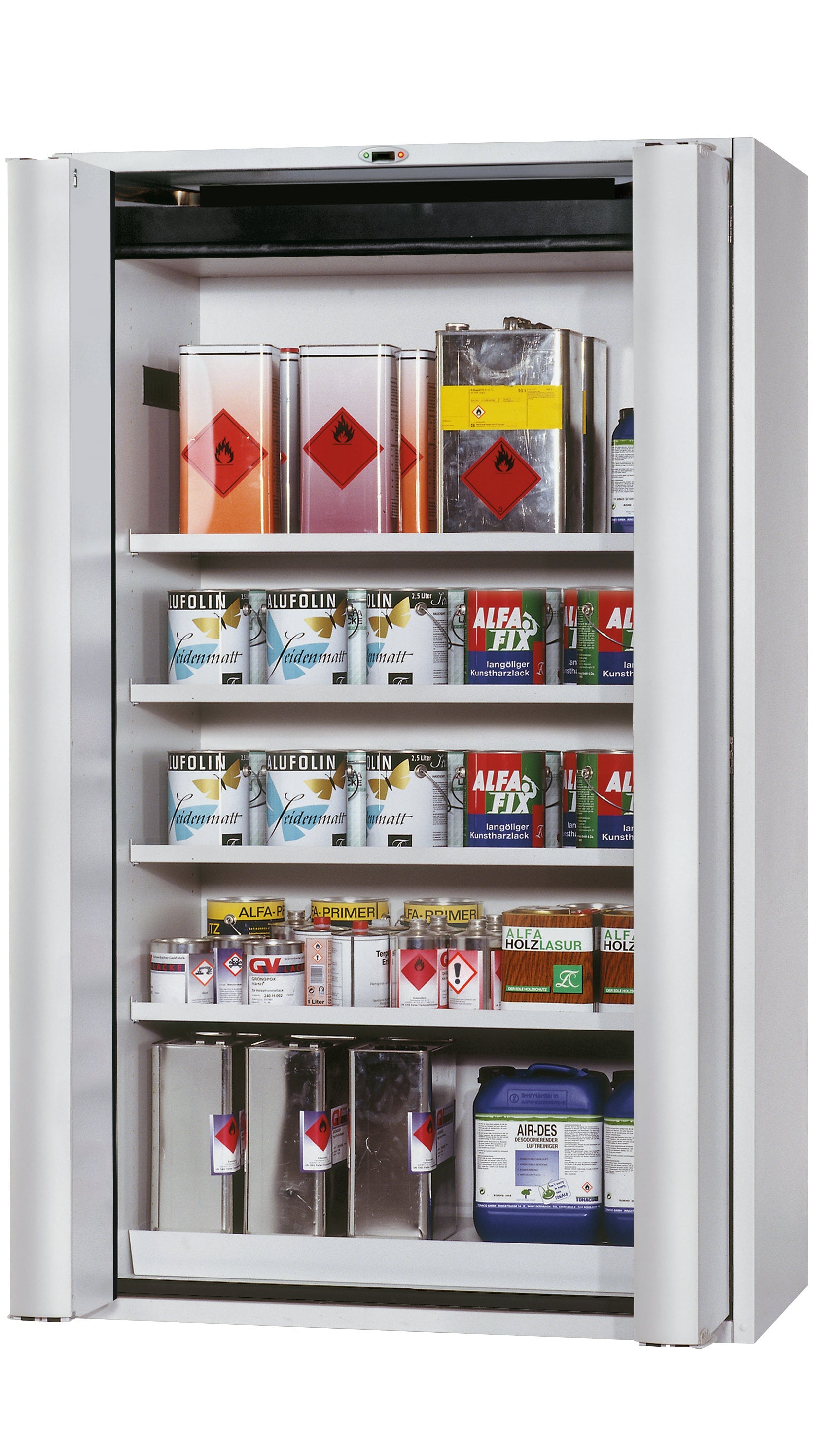 Type 90 safety cabinet S-PHOENIX touchless-90 model S90.196.120.FDAO in light gray RAL 7035 with 4x standard shelves (sheet steel)