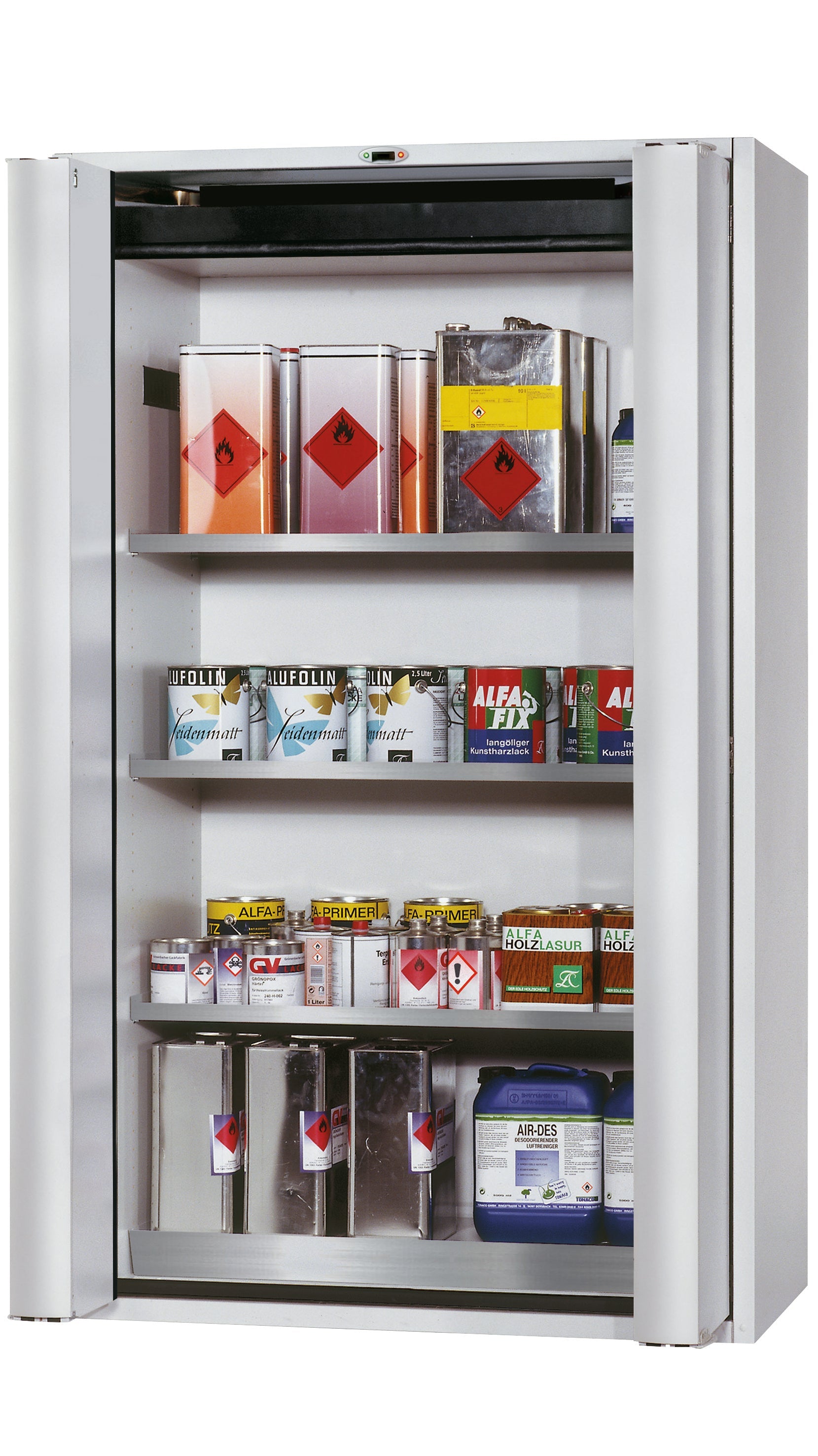 Type 90 safety cabinet S-PHOENIX touchless-90 model S90.196.120.FDAO in light gray RAL 7035 with 3x standard shelves (stainless steel 1.4301)