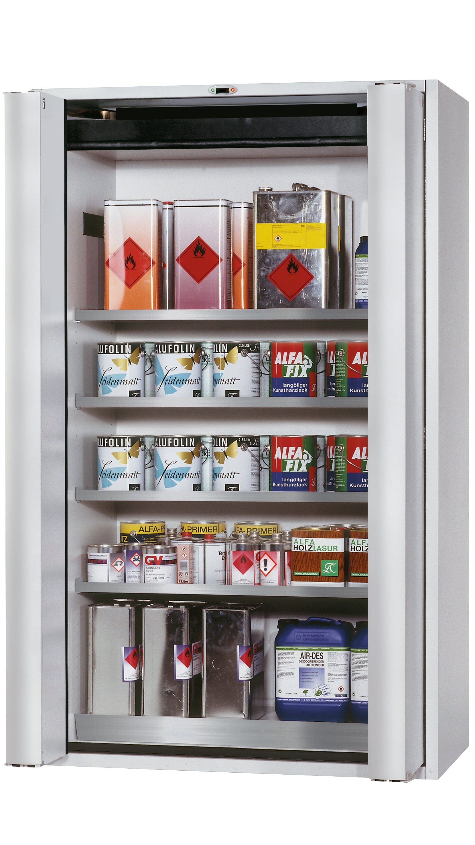 Type 90 safety cabinet S-PHOENIX touchless-90 model S90.196.120.FDAO in light gray RAL 7035 with 4x standard shelves (stainless steel 1.4301)