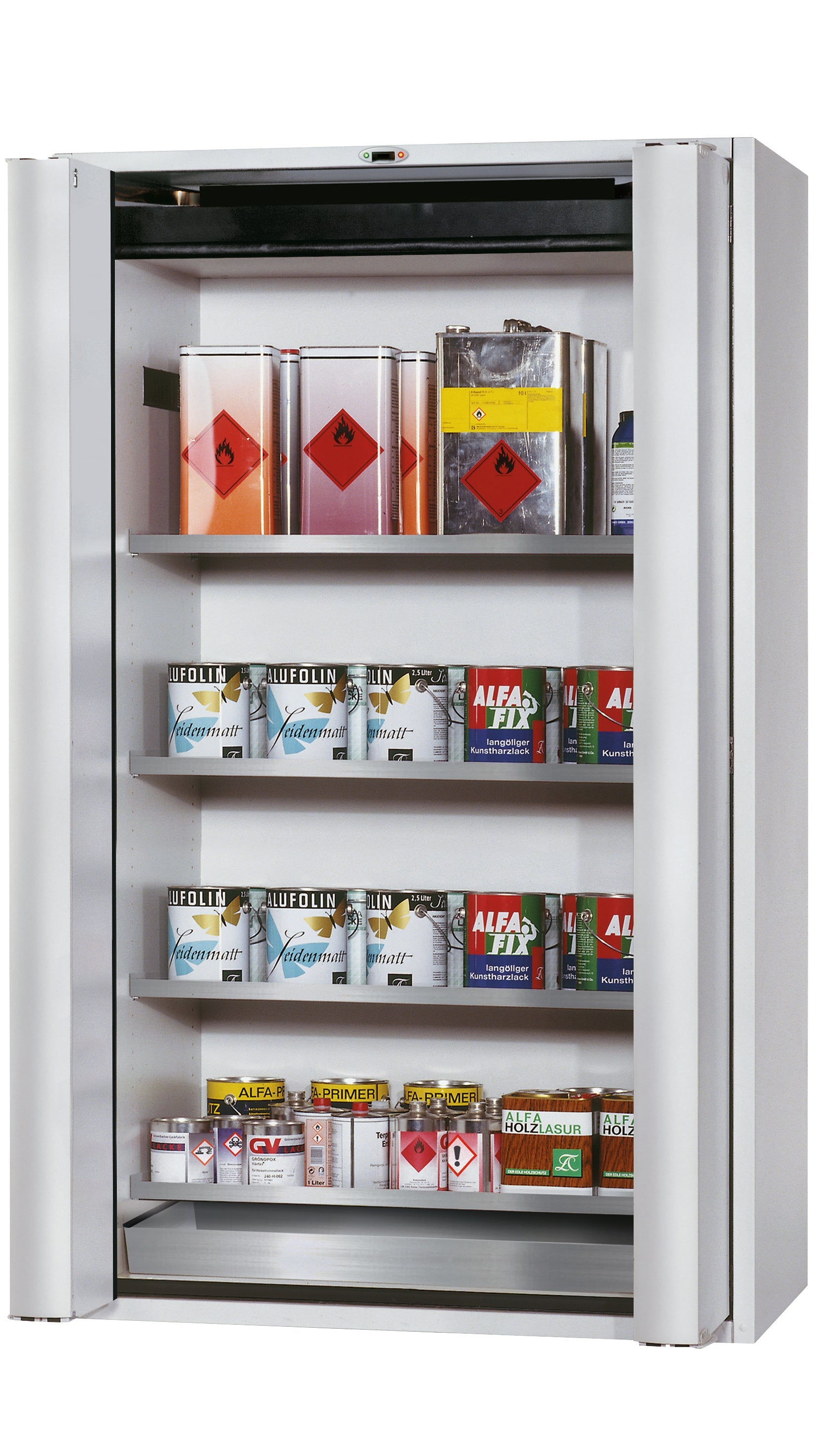 Type 90 safety cabinet S-PHOENIX touchless-90 model S90.196.120.FDAO in light gray RAL 7035 with 4x standard shelves (stainless steel 1.4301)