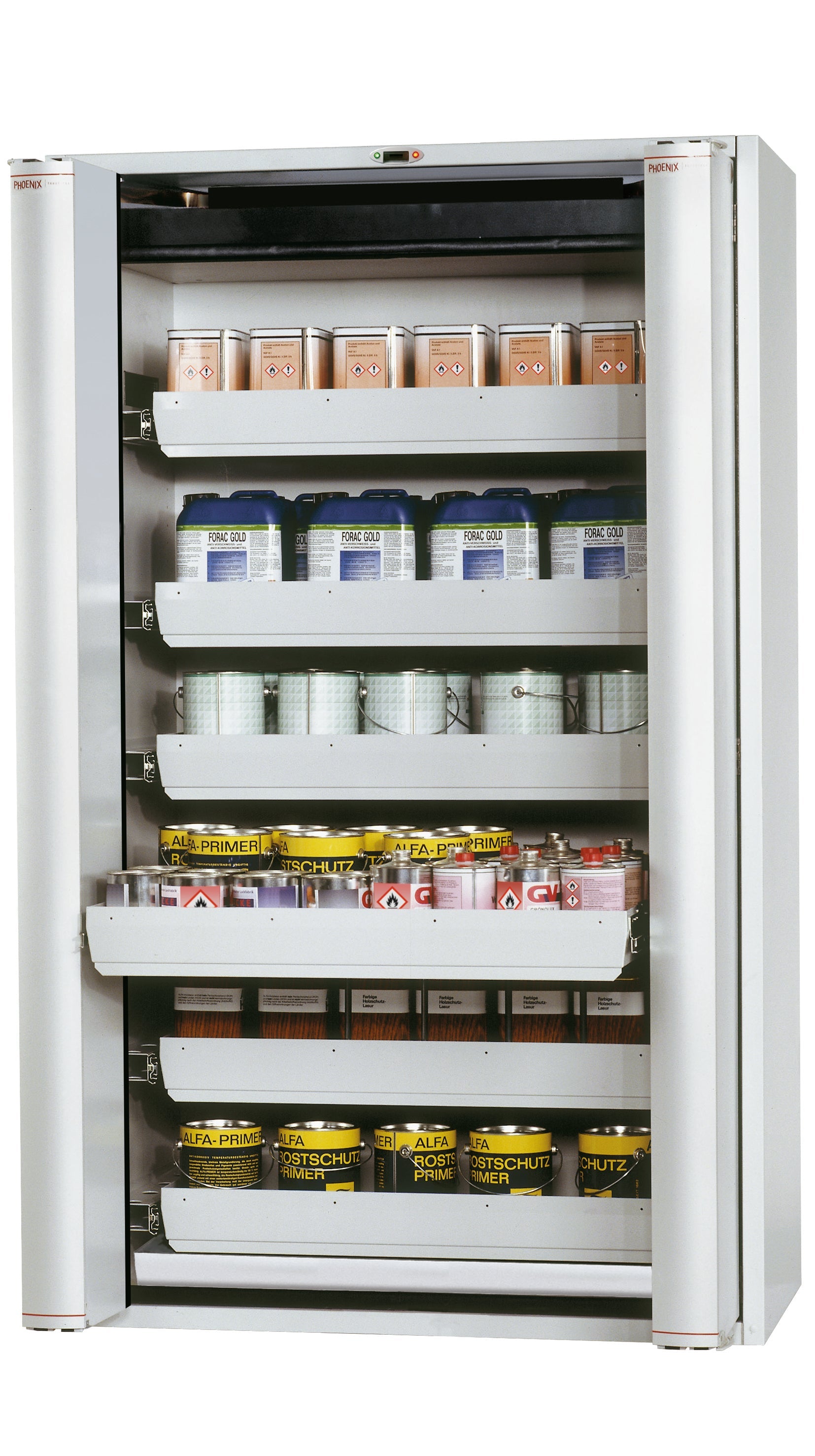 Type 90 safety cabinet S-PHOENIX touchless-90 model S90.196.120.FDAO in light gray RAL 7035 with 6x standard pull-out tray (sheet steel)