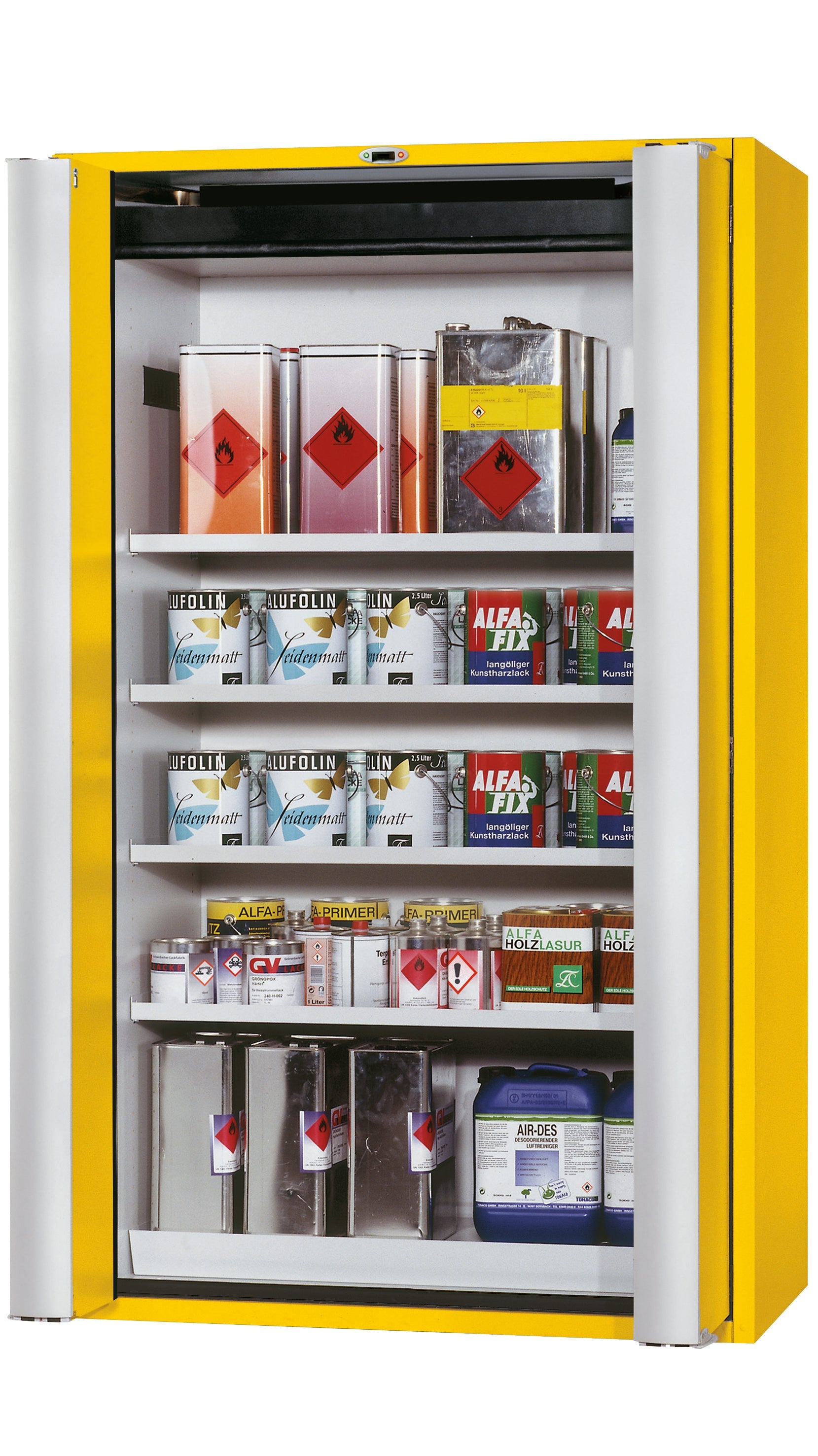 Type 90 safety cabinet S-PHOENIX touchless-90 model S90.196.120.FDAO in safety yellow RAL 1004 with 4x standard shelves (sheet steel)