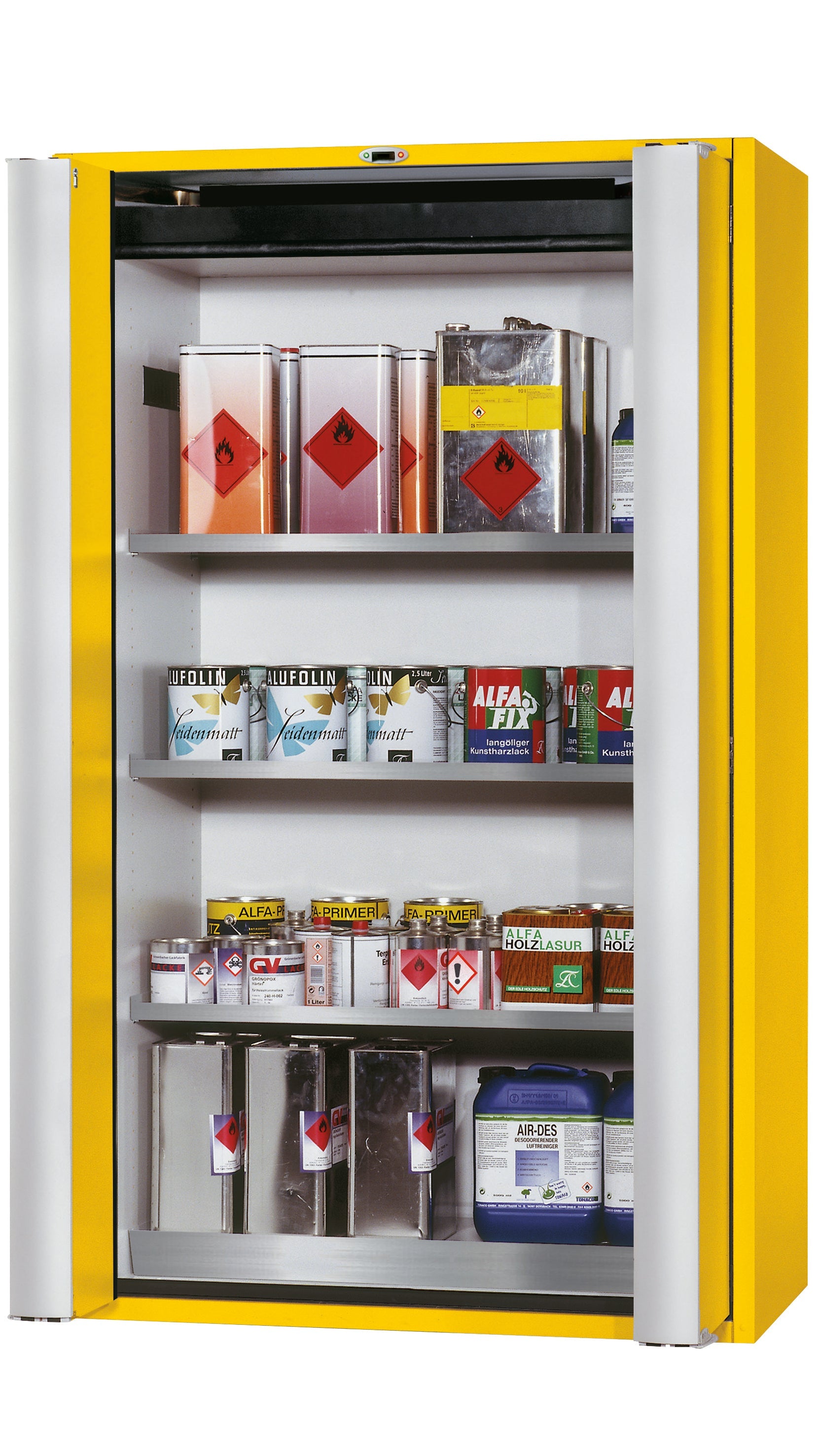 Type 90 safety cabinet S-PHOENIX touchless-90 model S90.196.120.FDAO in safety yellow RAL 1004 with 3x standard shelves (stainless steel 1.4301)