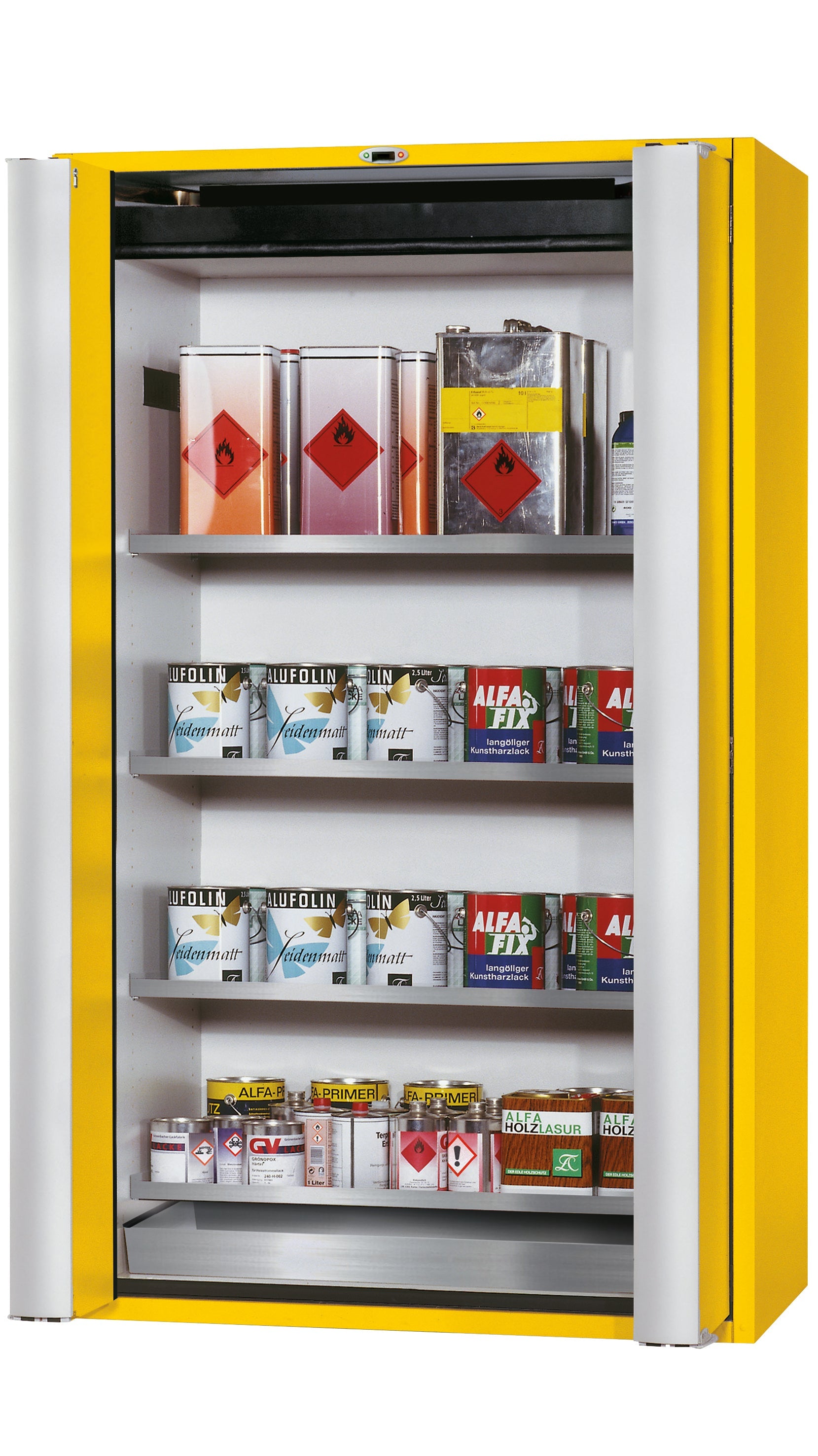 Type 90 safety cabinet S-PHOENIX touchless-90 model S90.196.120.FDAO in safety yellow RAL 1004 with 4x standard shelves (stainless steel 1.4301)