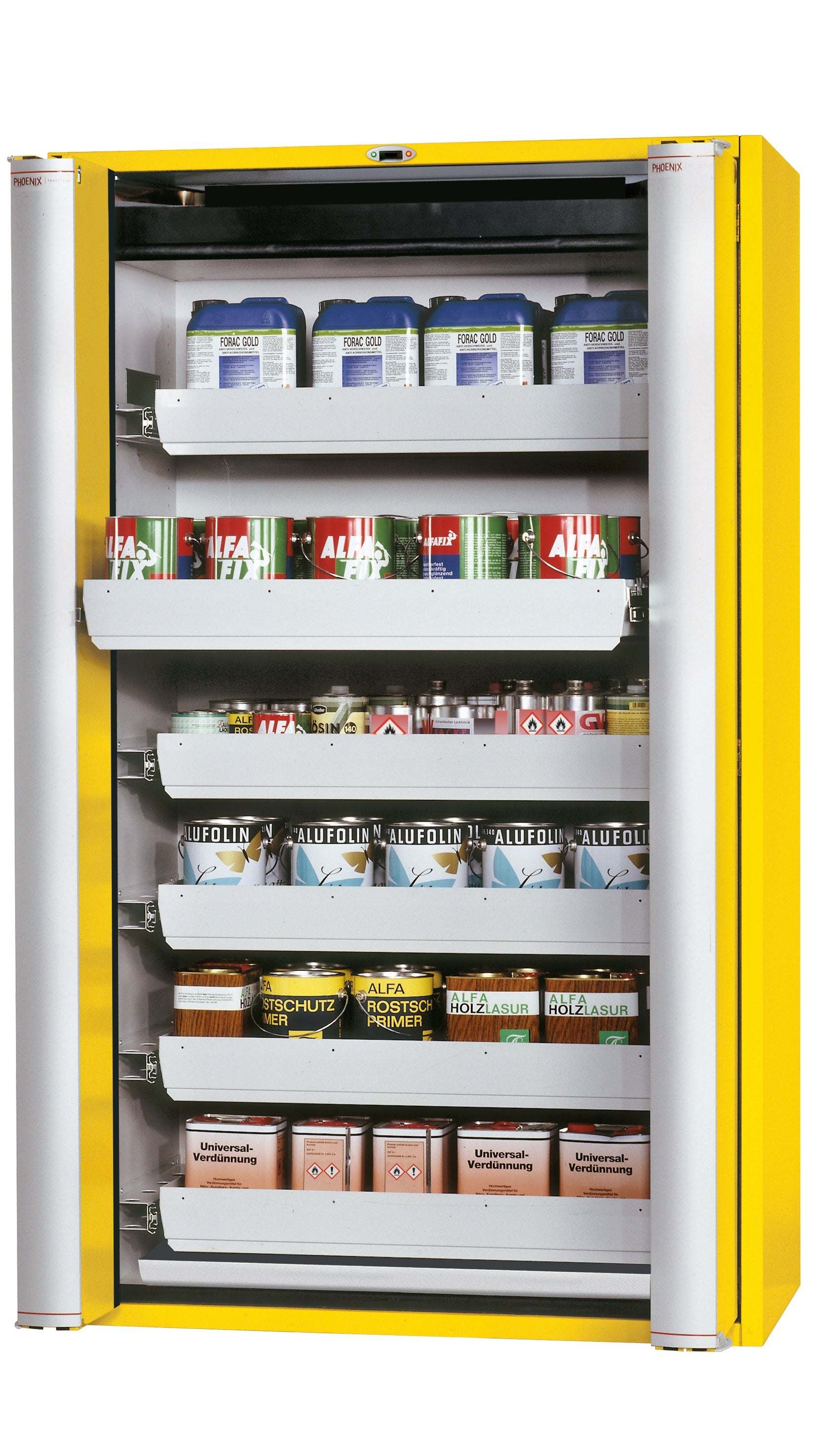 Type 90 safety cabinet S-PHOENIX touchless-90 model S90.196.120.FDAO in safety yellow RAL 1004 with 6x standard pull-out tray (sheet steel)