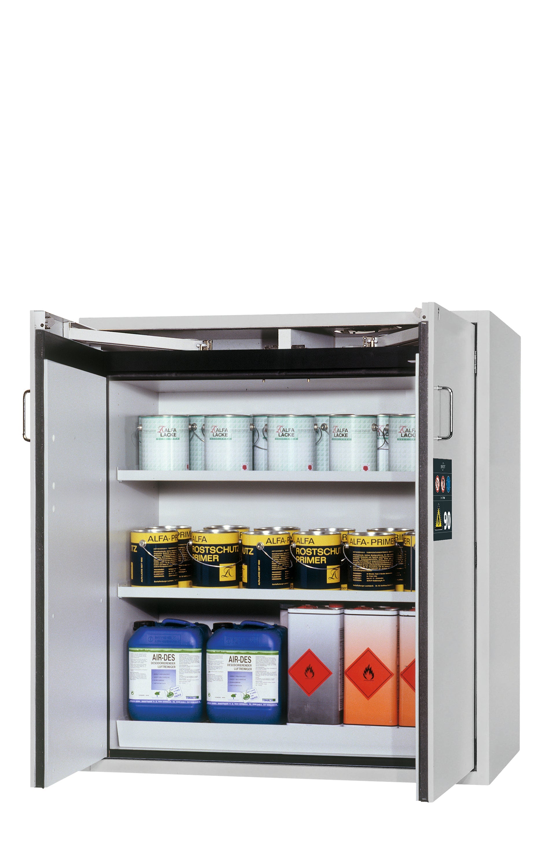 Typ 90 Sicherheitsschrank S-CLASSIC-90 Modell S90.129.120 in lichtgrau RAL 7035 mit 2x Fachboden Standard (Stahlblech)
