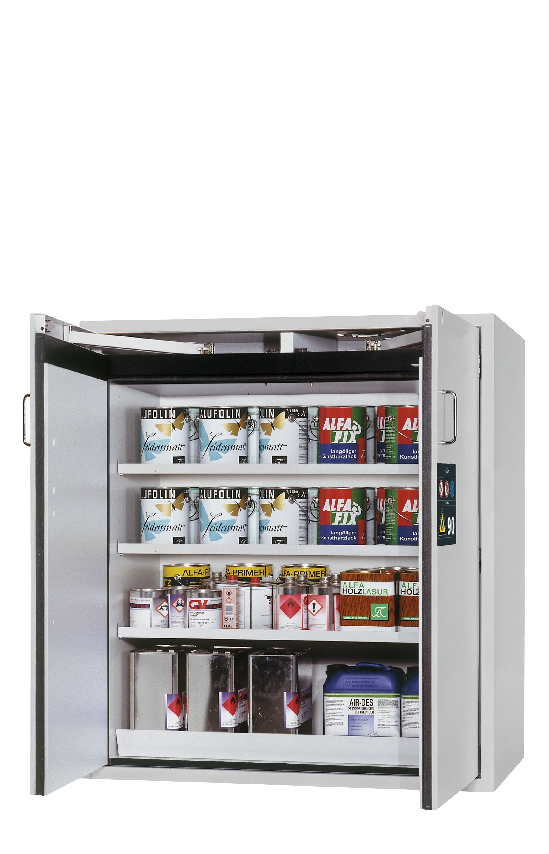 Typ 90 Sicherheitsschrank S-CLASSIC-90 Modell S90.129.120 in lichtgrau RAL 7035 mit 3x Fachboden Standard (Stahlblech)