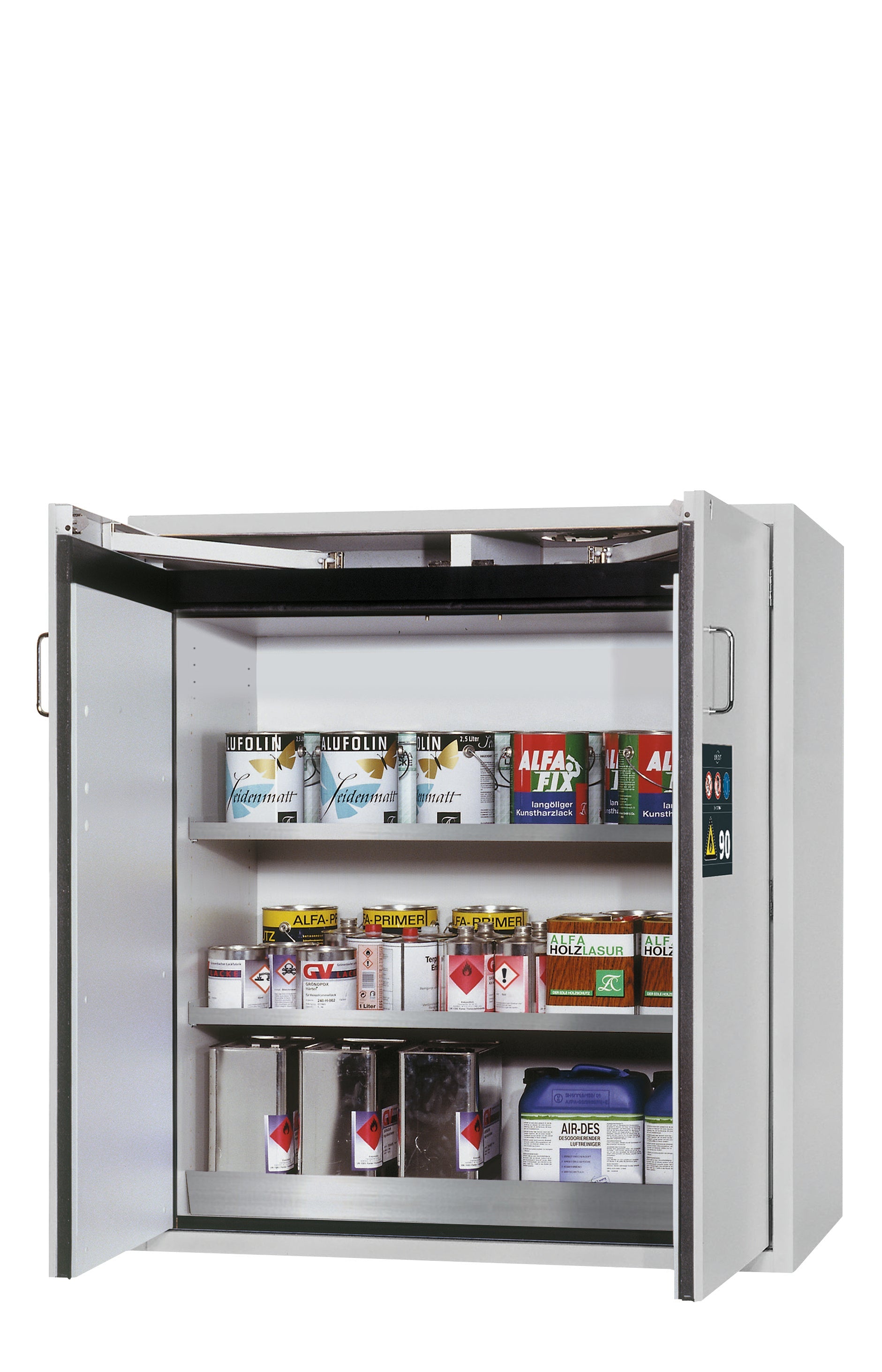 Typ 90 Sicherheitsschrank S-CLASSIC-90 Modell S90.129.120 in lichtgrau RAL 7035 mit 2x Fachboden Standard (Edelstahl 1.4301)