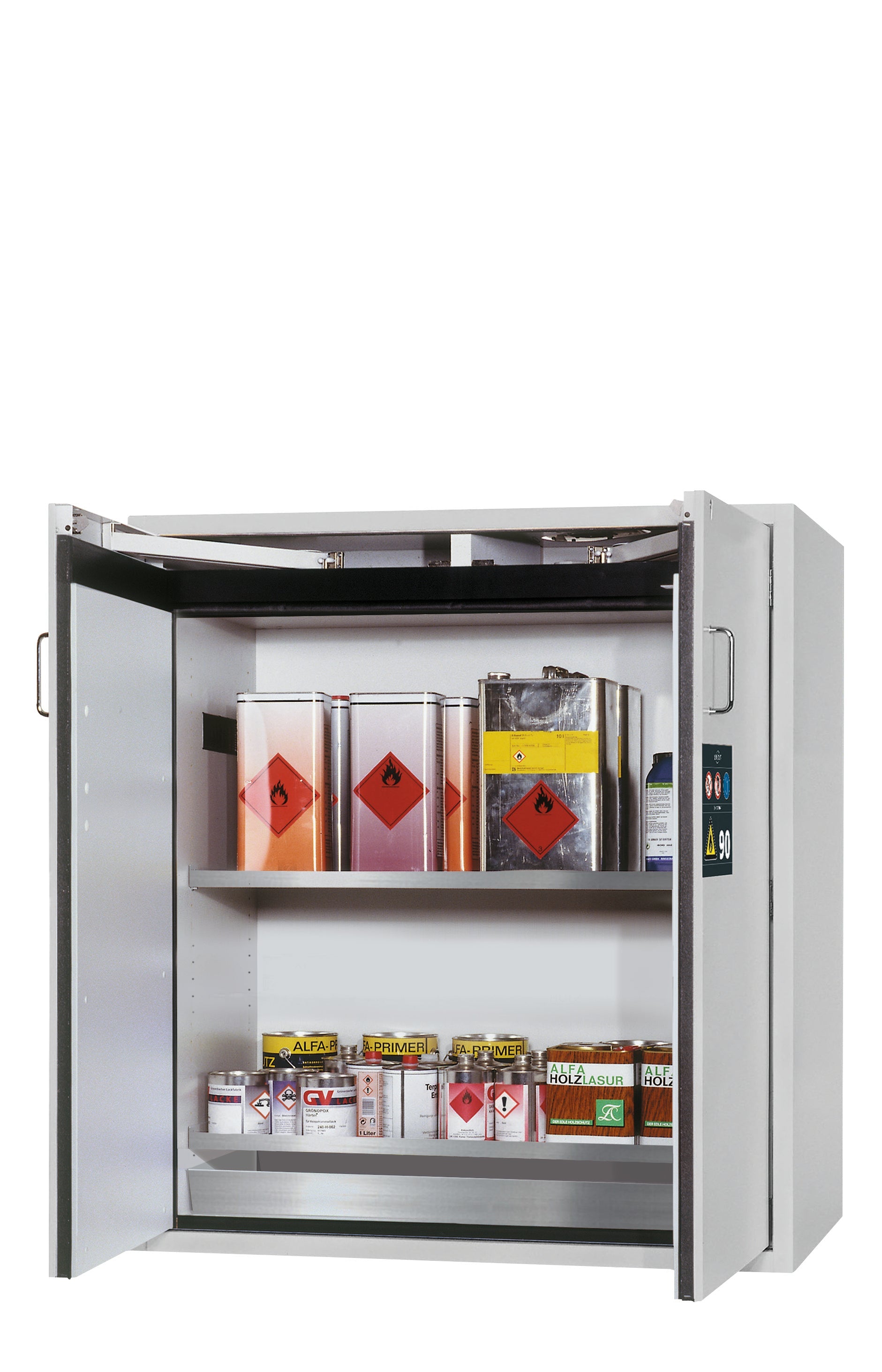 Typ 90 Sicherheitsschrank S-CLASSIC-90 Modell S90.129.120 in lichtgrau RAL 7035 mit 2x Fachboden Standard (Edelstahl 1.4301)