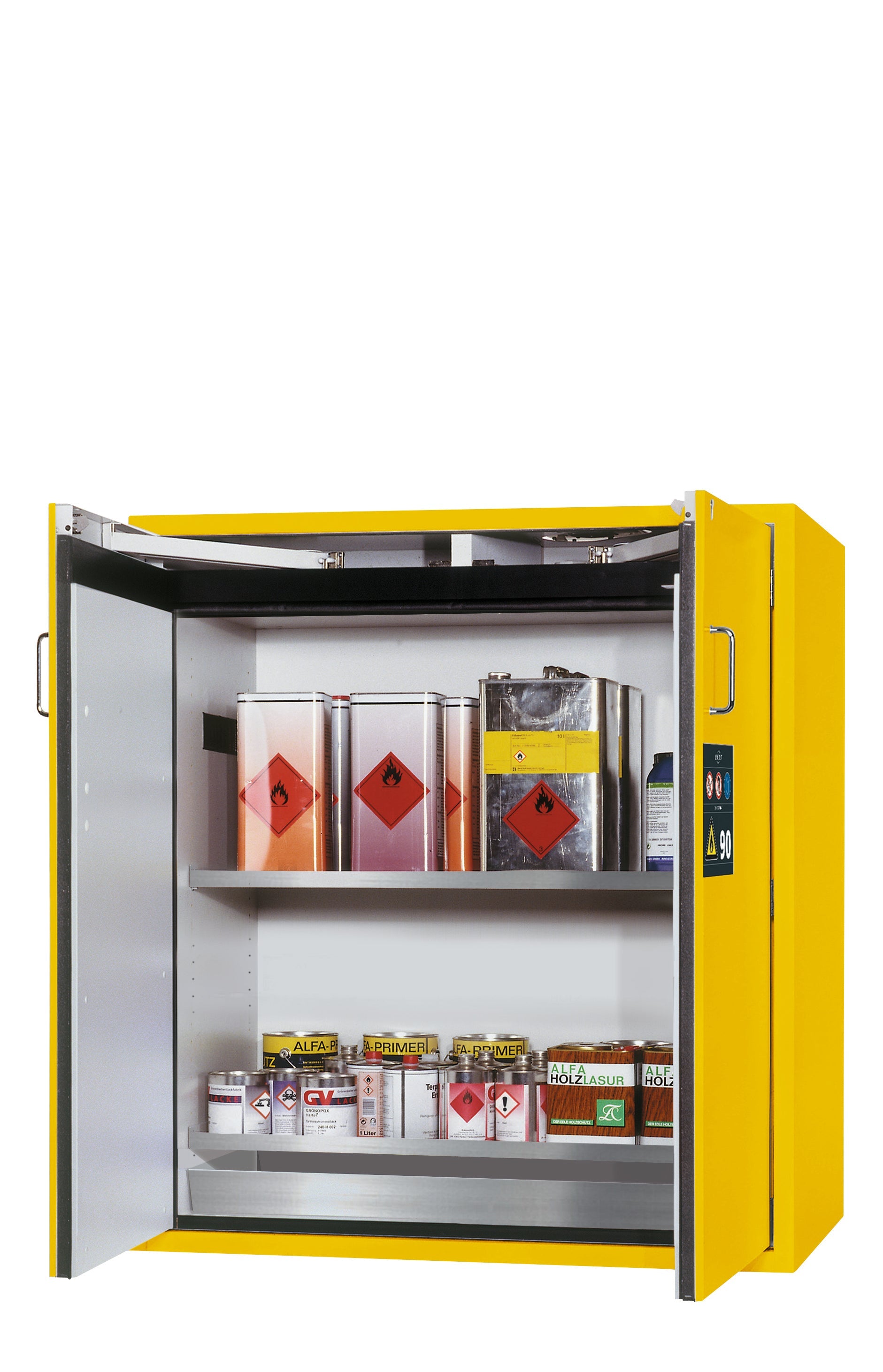 Typ 90 Sicherheitsschrank S-CLASSIC-90 Modell S90.129.120 in sicherheitsgelb RAL 1004 mit 2x Fachboden Standard (Edelstahl 1.4301)