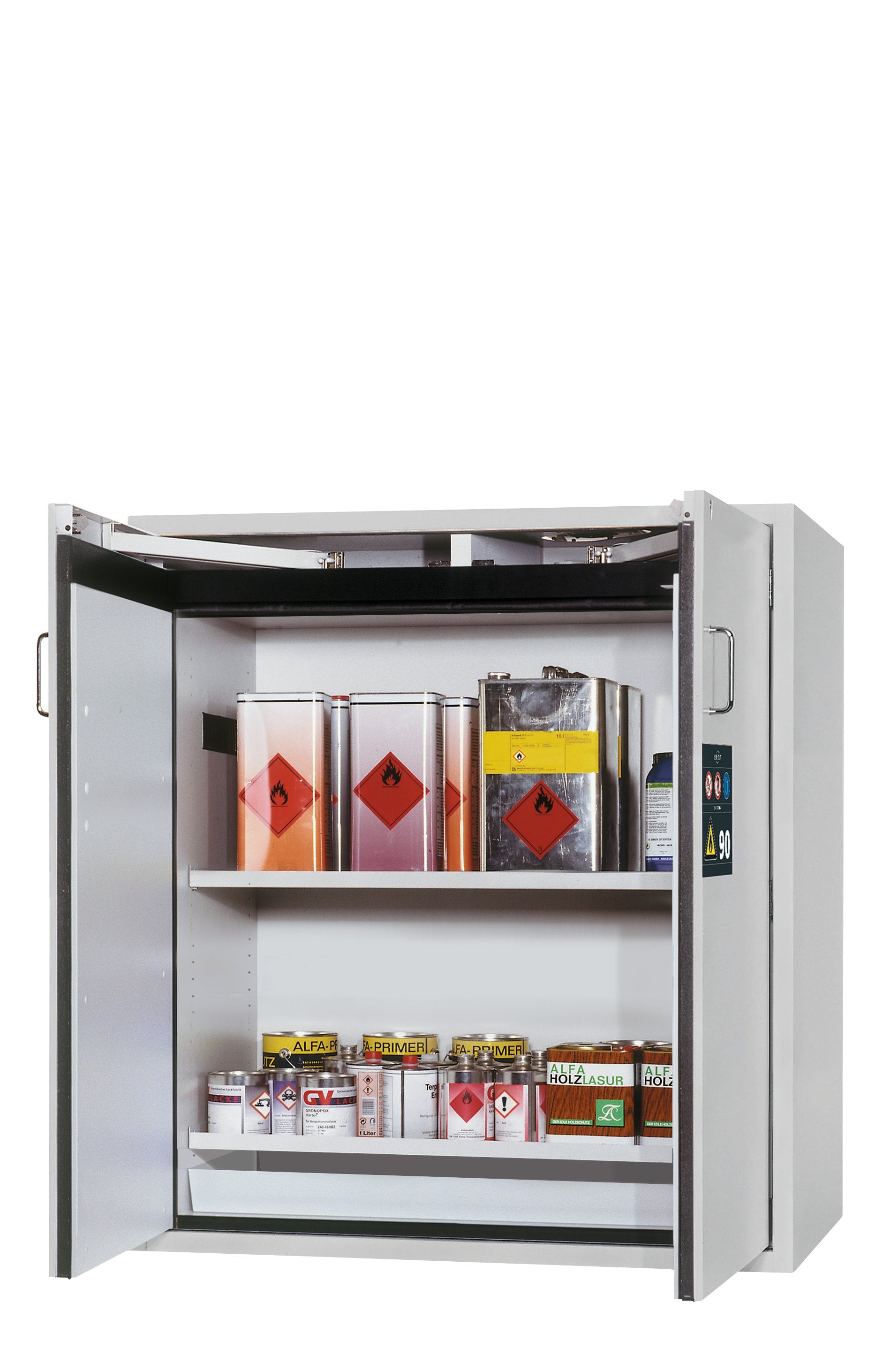 Armoire de sécurité type 90 S-CLASSIC-90 modèle S90.129.120.WDAS en gris clair RAL 7035 avec 2x étagères standard (tôle d'acier)