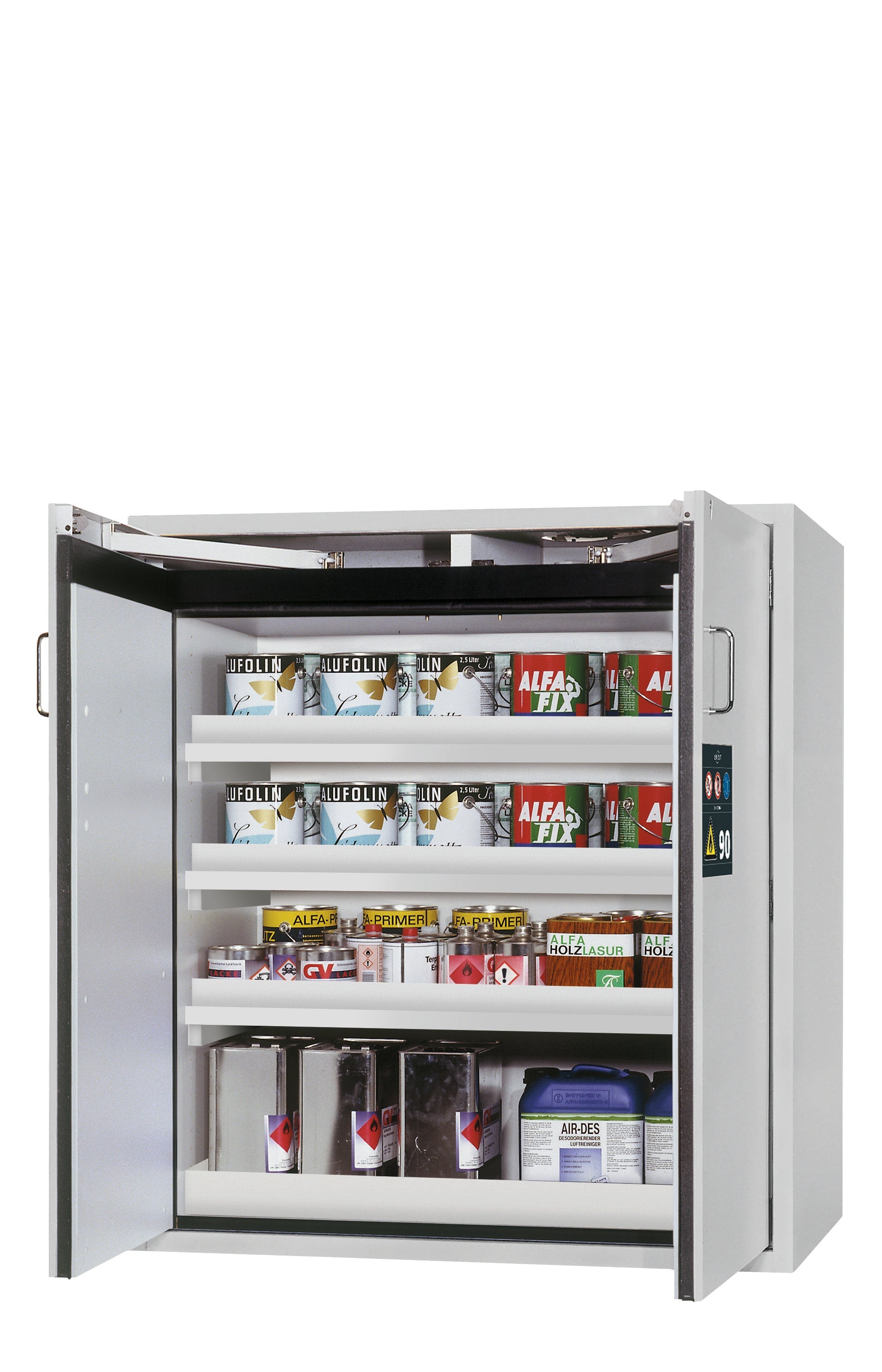 Armoire de sécurité type 90 S-CLASSIC-90 modèle S90.129.120.WDAS en gris clair RAL 7035 avec 3x pieds de plateau standard (polypropylène)