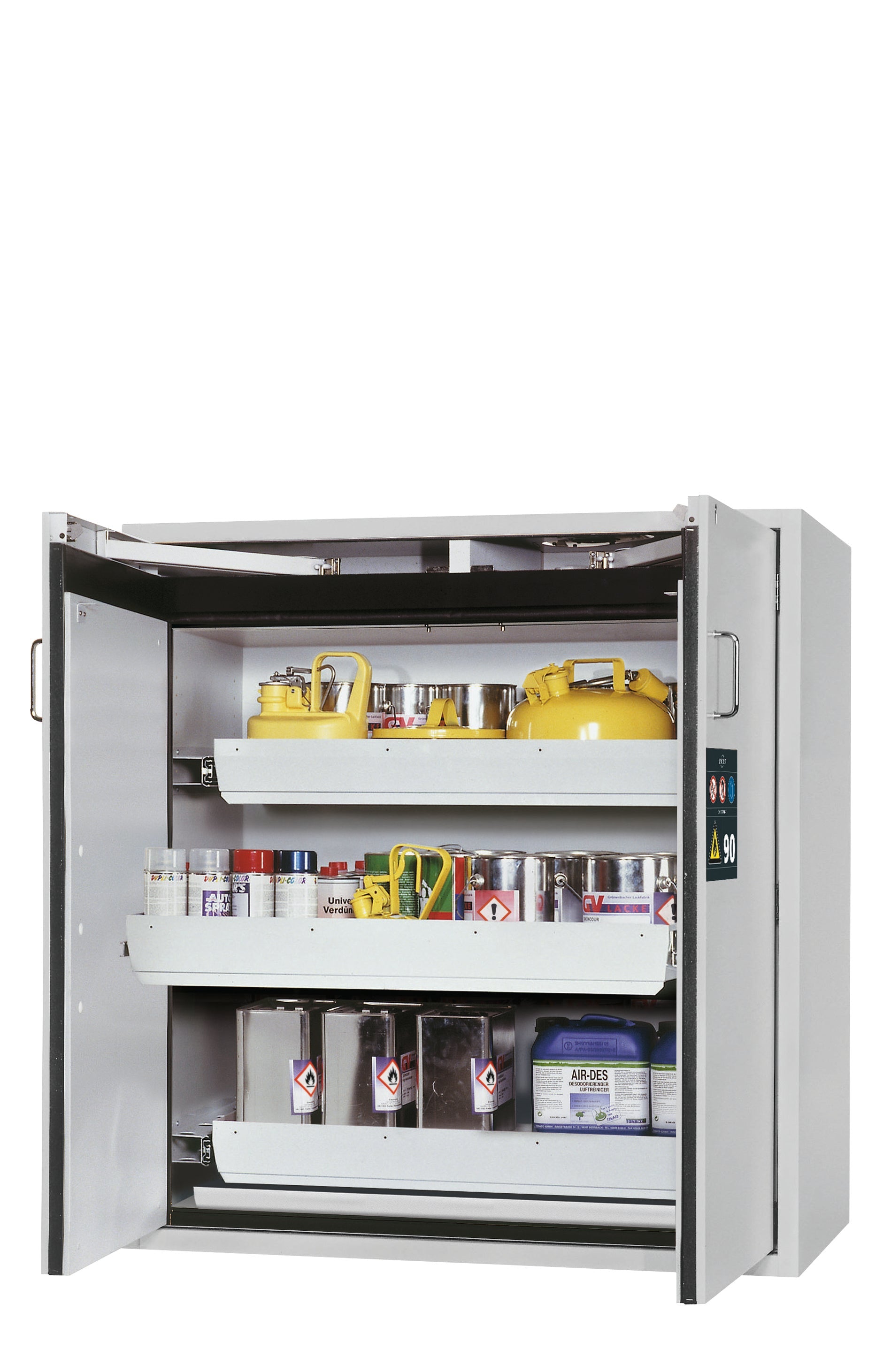 Armoire de sécurité type 90 S-CLASSIC-90 modèle S90.129.120.WDAS en gris clair RAL 7035 avec 3 plateaux coulissants standard (tôle d'acier)