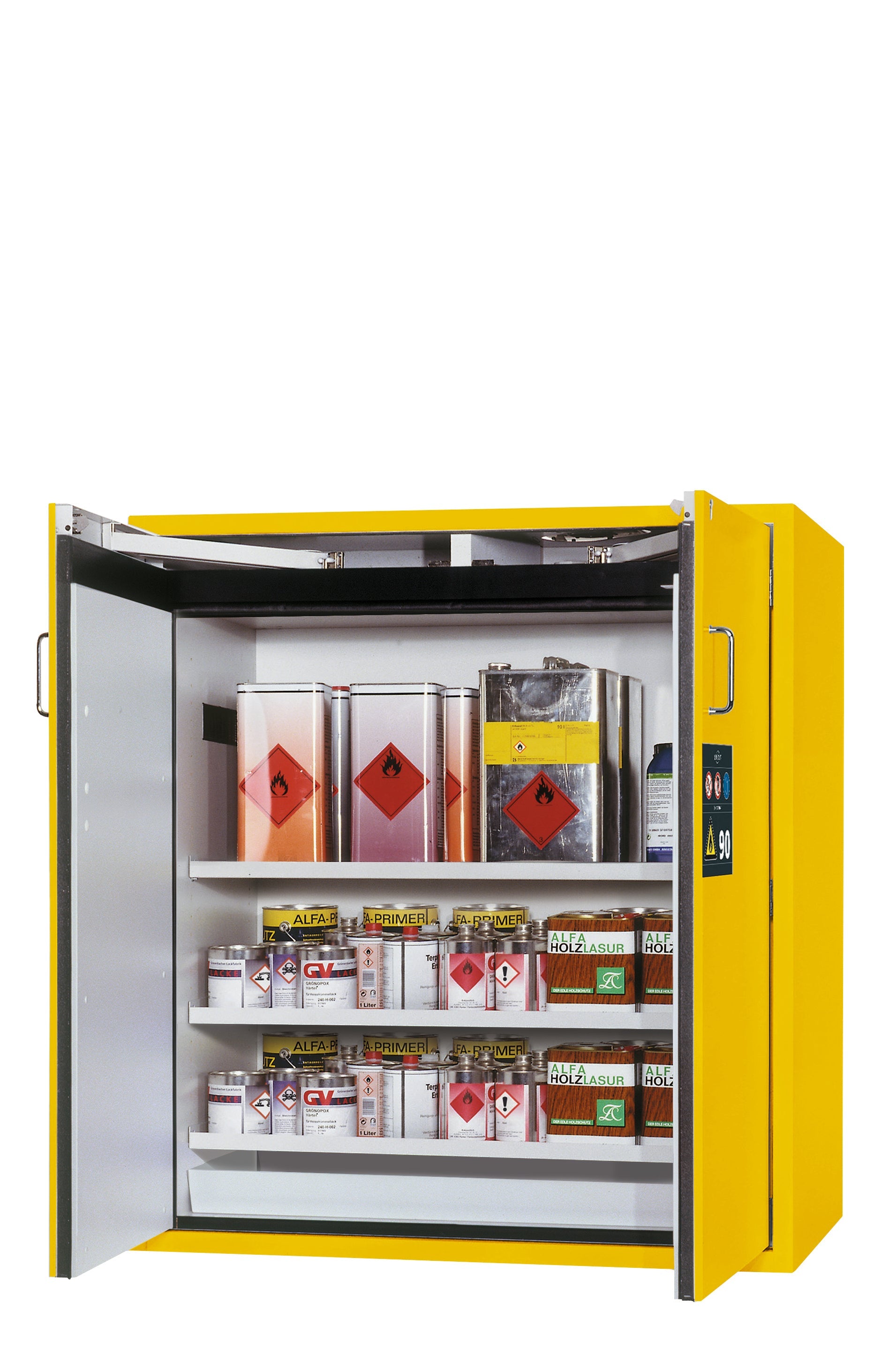 Armoire de sécurité type 90 S-CLASSIC-90 modèle S90.129.120.WDAS en jaune de sécurité RAL 1004 avec 3 étagères standard (tôle d'acier)