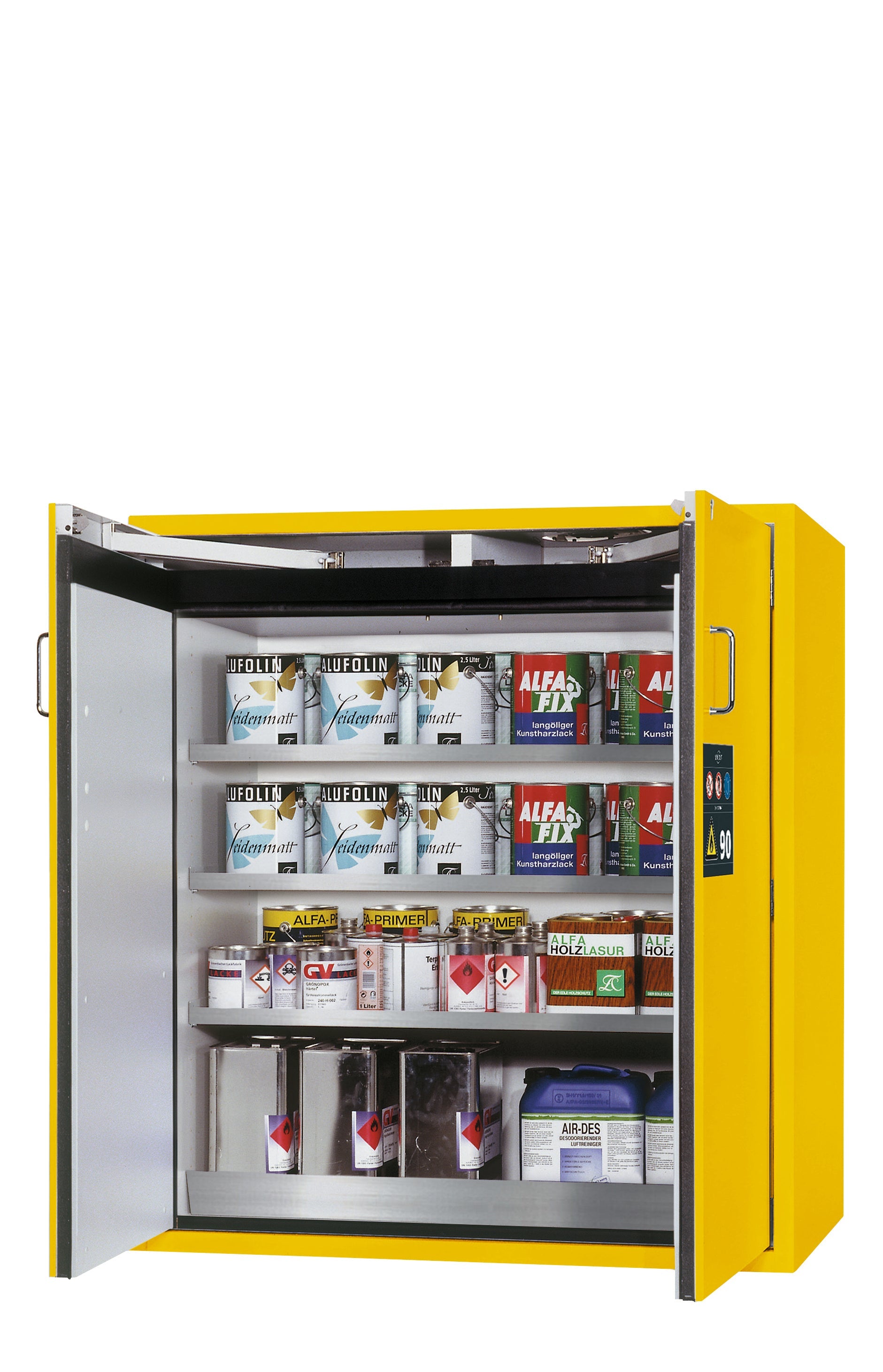 Armoire de sécurité type 90 S-CLASSIC-90 modèle S90.129.120.WDAS en jaune de sécurité RAL 1004 avec 3 étagères standard (acier inoxydable 1.4301)