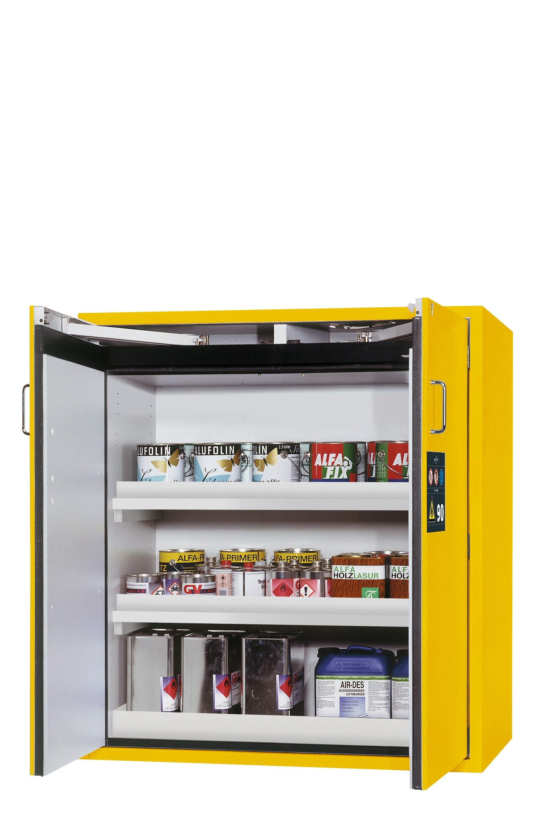 Type 90 safety cabinet S-CLASSIC-90 model S90.129.120 in safety yellow RAL 1004 with 2x standard tray base (polypropylene)