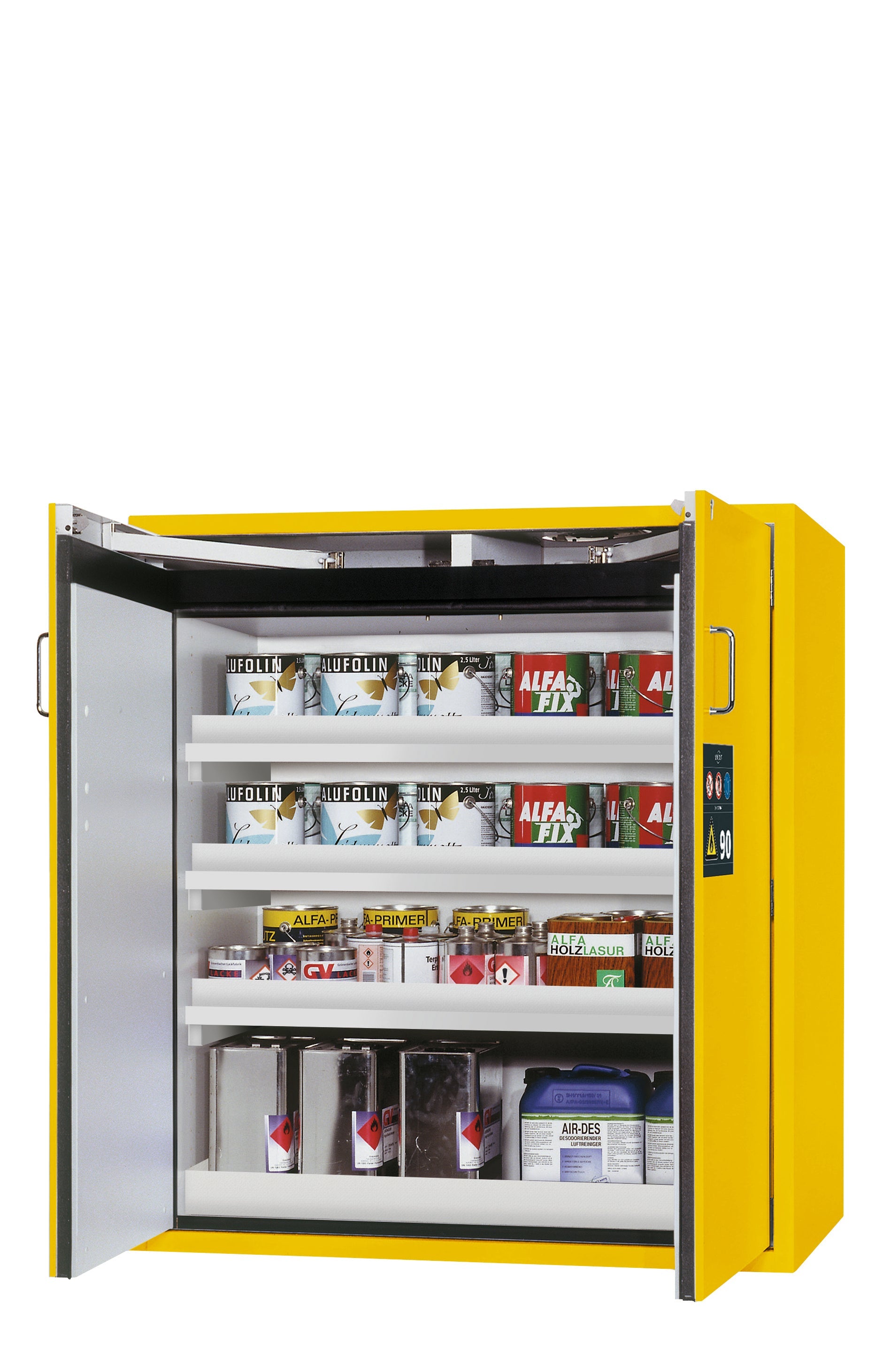 Type 90 safety cabinet S-CLASSIC-90 model S90.129.120 in safety yellow RAL 1004 with 3x standard tray base (polypropylene)