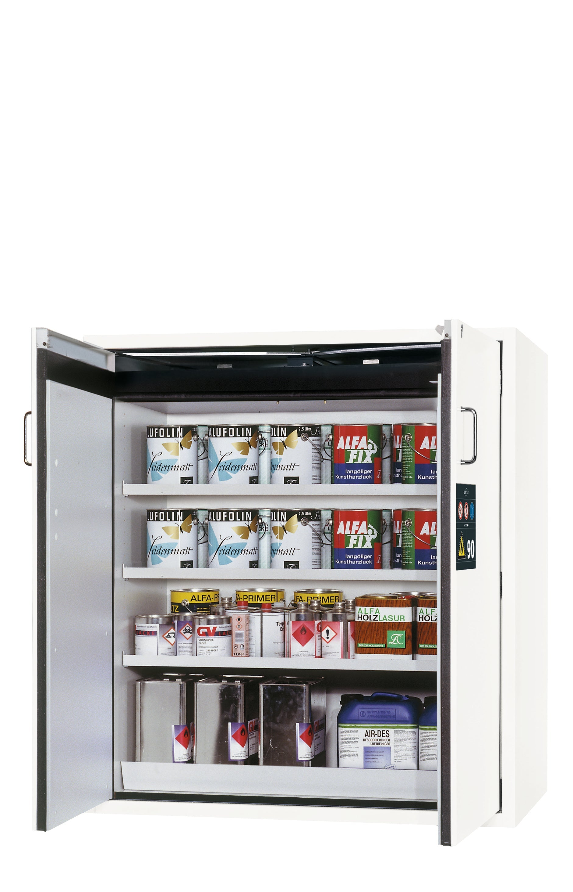Armoire de sécurité type 90 S-CLASSIC-90 modèle S90.129.120.WDAS en blanc de laboratoire (similaire à RAL 9016) avec 3 étagères standard (tôle d'acier)