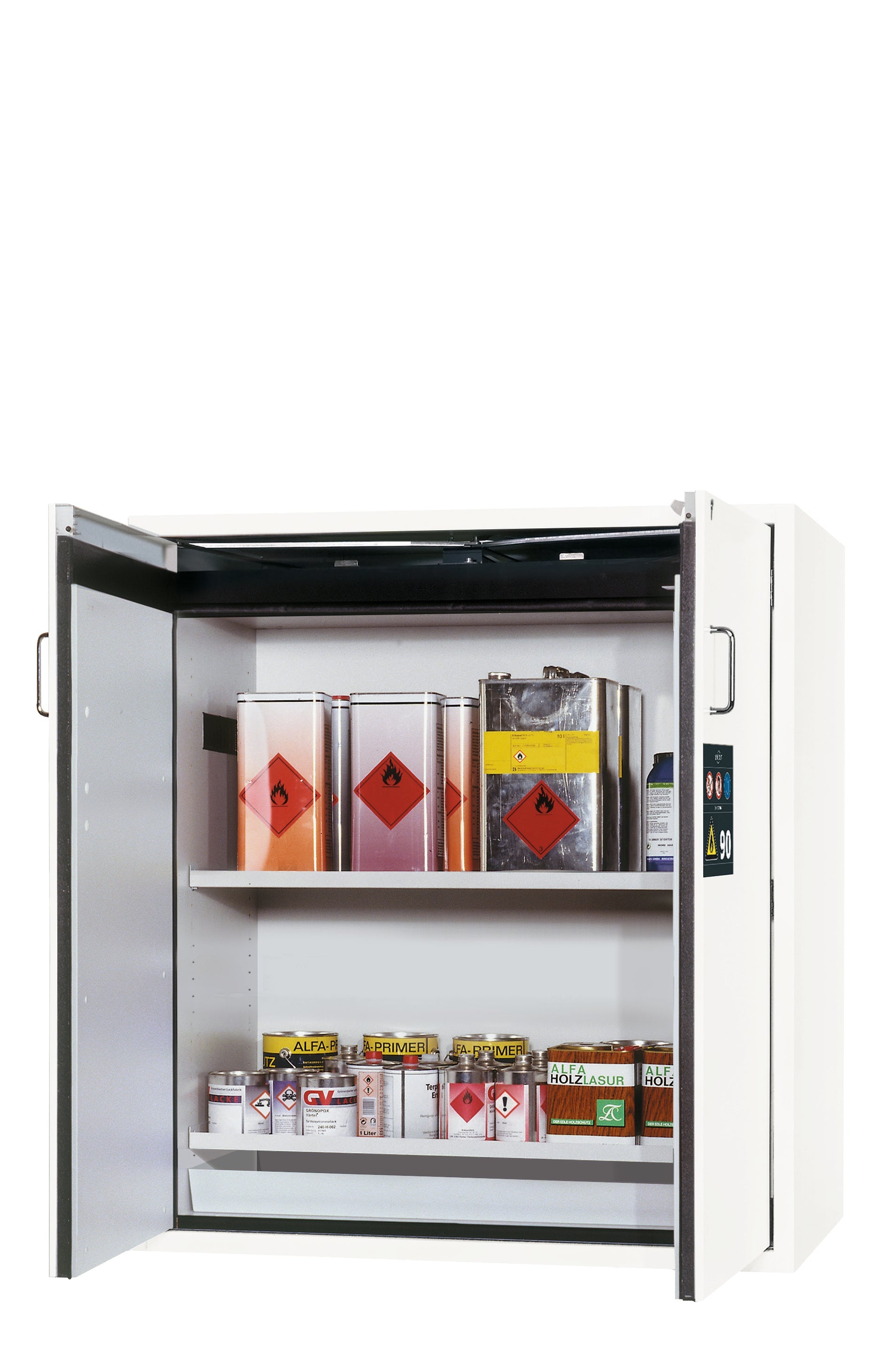 Armoire de sécurité type 90 S-CLASSIC-90 modèle S90.129.120.WDAS en blanc de laboratoire (similaire à RAL 9016) avec 2 étagères standard (tôle d'acier)