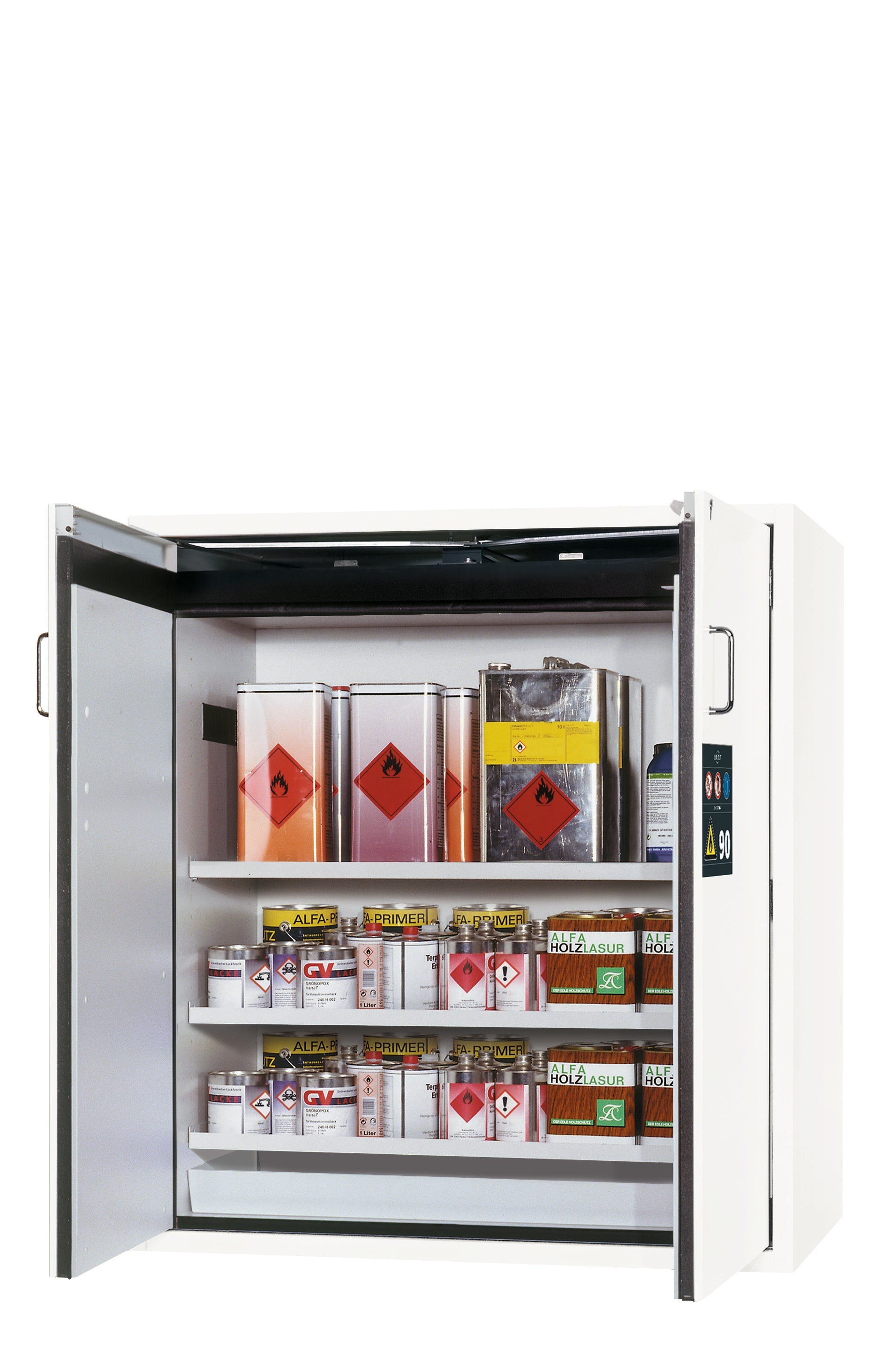 Armoire de sécurité type 90 S-CLASSIC-90 modèle S90.129.120.WDAS en blanc de laboratoire (similaire à RAL 9016) avec 3 étagères standard (tôle d'acier)