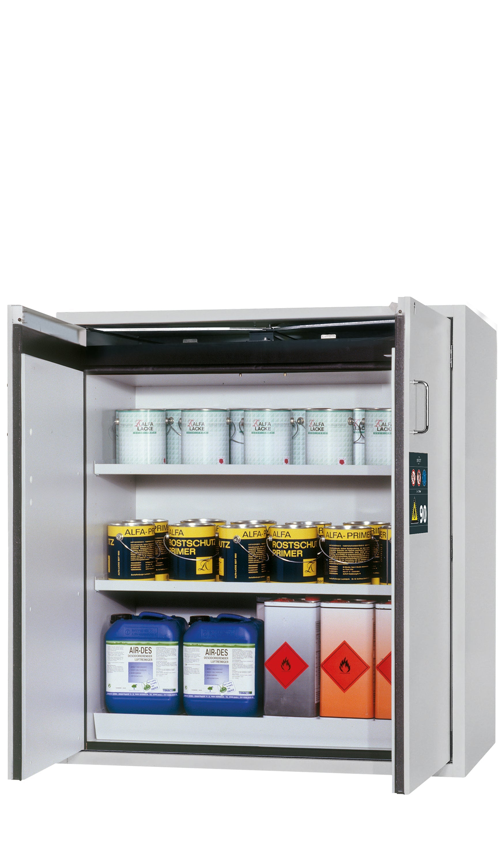 Type 90 safety cabinet S-PEGASUS-90 model S90.129.120.WDAC in light gray RAL 7035 with 2x standard shelves (sheet steel)