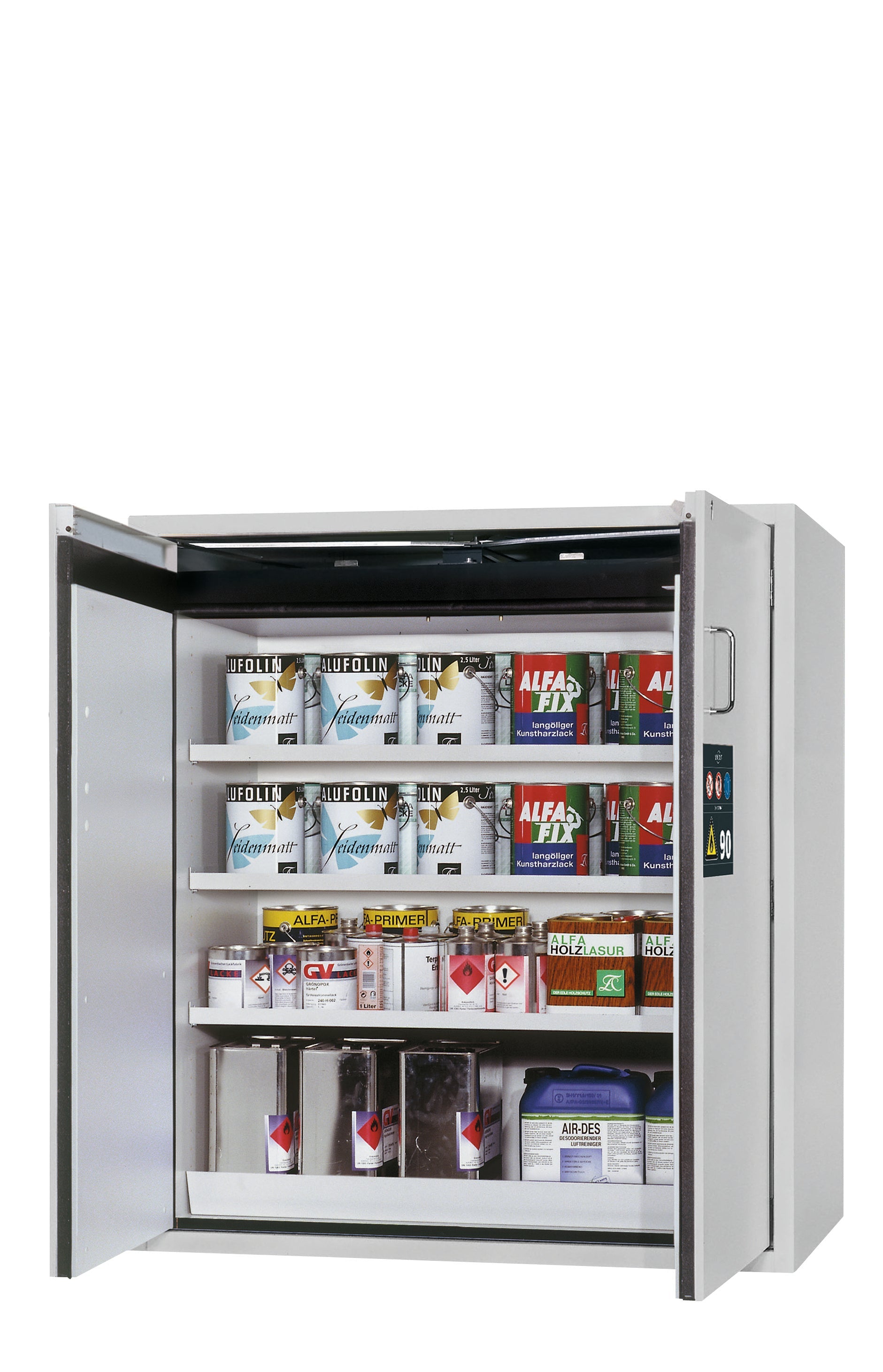 Type 90 safety cabinet S-PEGASUS-90 model S90.129.120.WDAC in light gray RAL 7035 with 3x standard shelves (sheet steel)