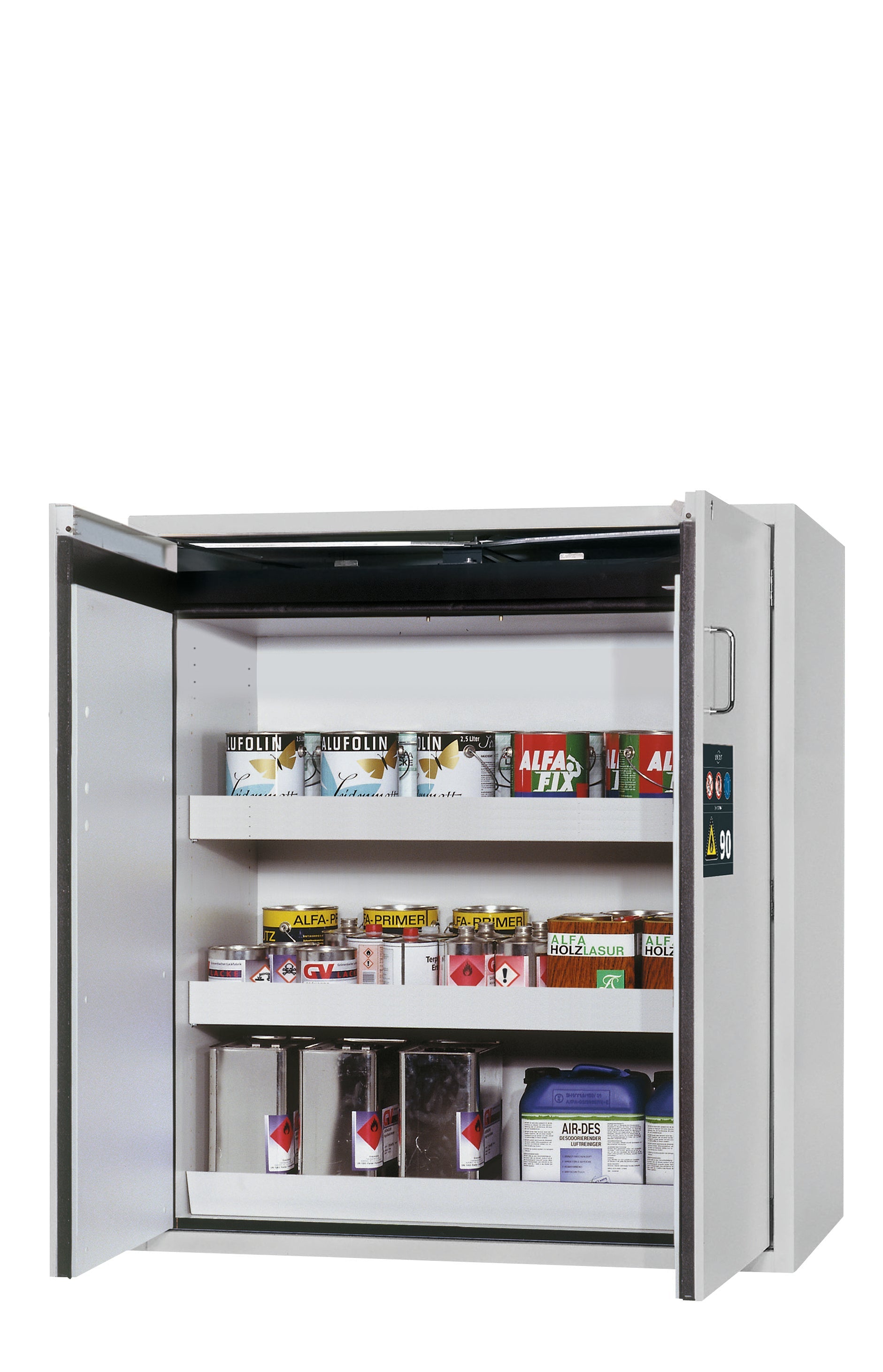 Type 90 safety cabinet S-PEGASUS-90 model S90.129.120.WDAC in light gray RAL 7035 with 2x standard tray base (sheet steel)