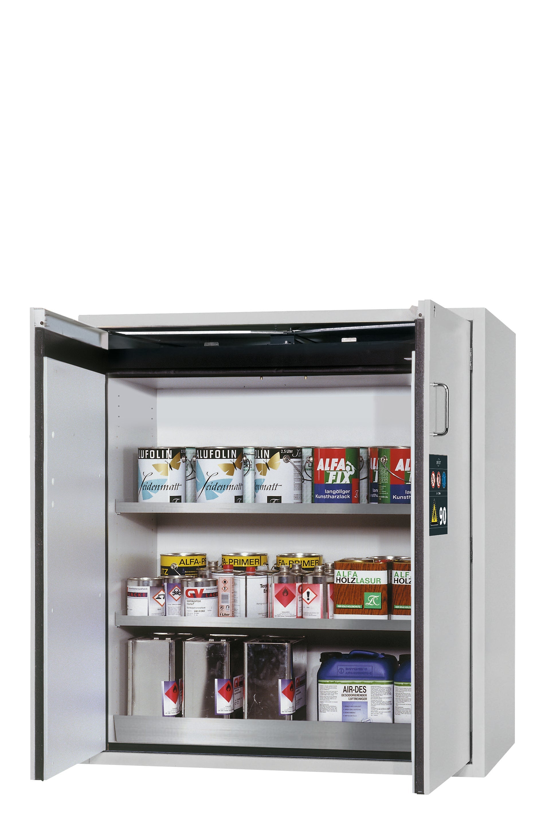 Type 90 safety cabinet S-PEGASUS-90 model S90.129.120.WDAC in light gray RAL 7035 with 2x standard shelves (stainless steel 1.4301)