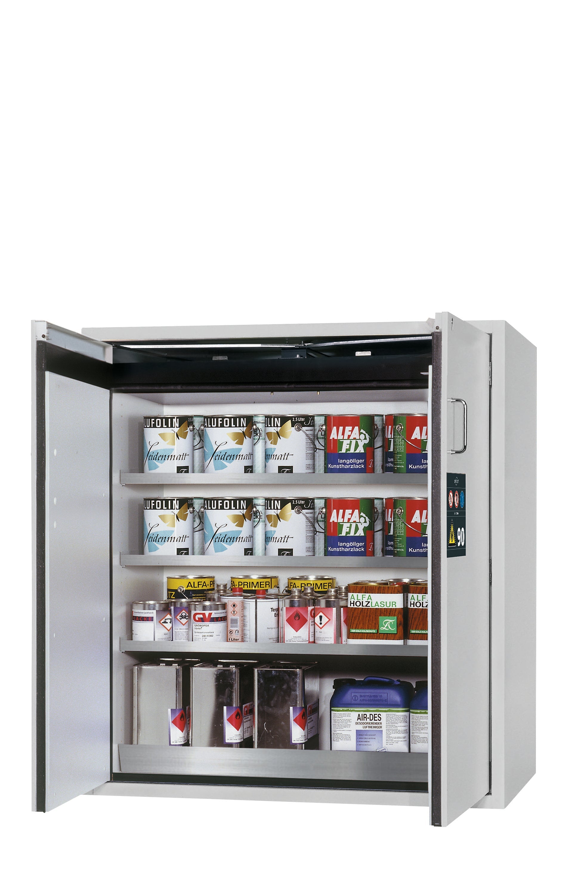 Type 90 safety cabinet S-PEGASUS-90 model S90.129.120.WDAC in light gray RAL 7035 with 3x standard shelves (stainless steel 1.4301)
