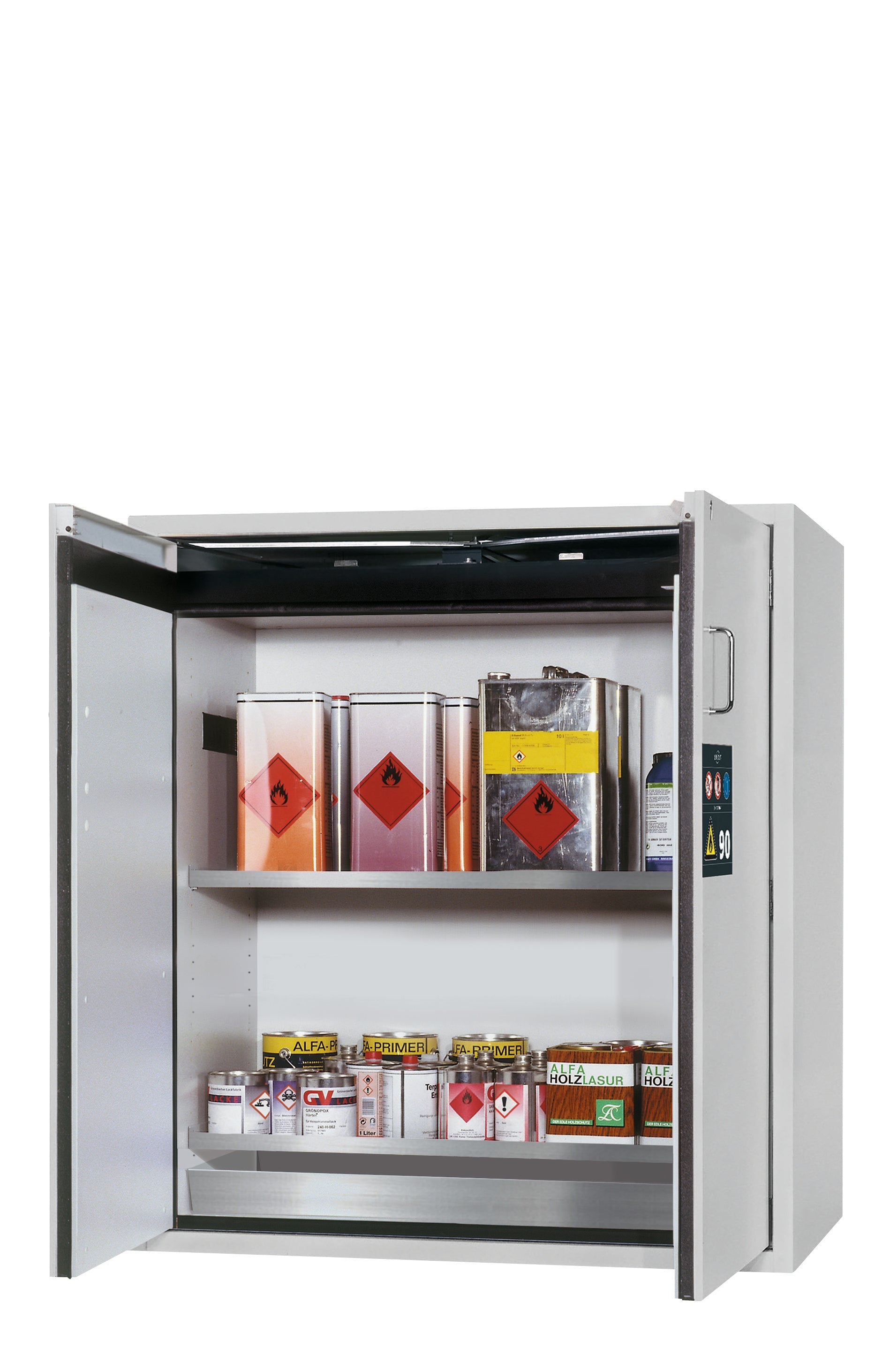 Type 90 safety cabinet S-PEGASUS-90 model S90.129.120.WDAC in light gray RAL 7035 with 2x standard shelves (stainless steel 1.4301)