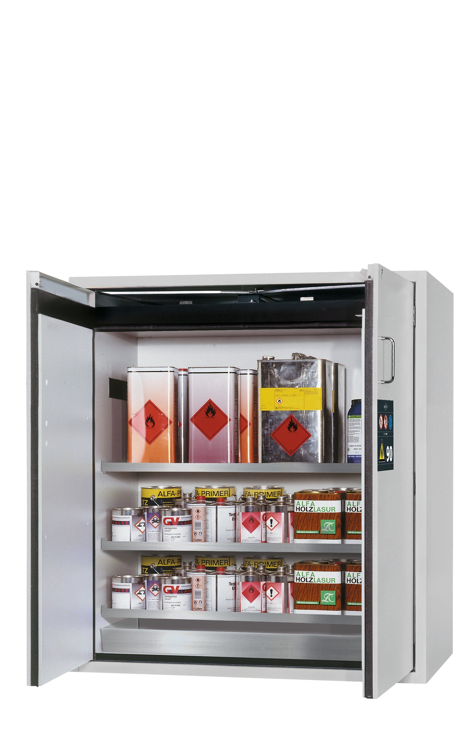 Type 90 safety cabinet S-PEGASUS-90 model S90.129.120.WDAC in light gray RAL 7035 with 3x standard shelves (stainless steel 1.4301)