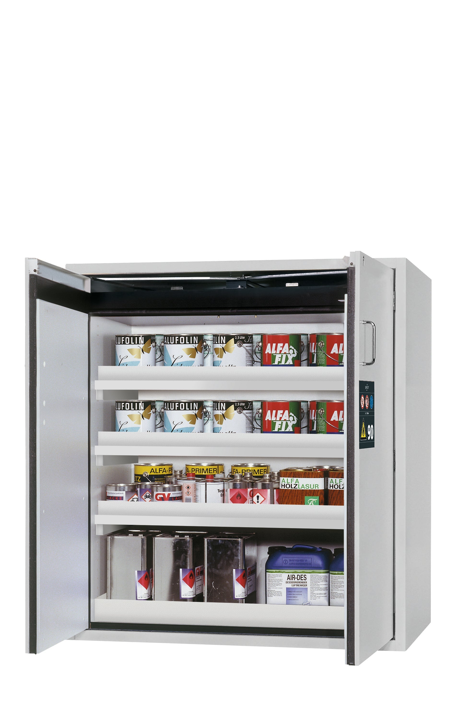 Type 90 safety cabinet S-PEGASUS-90 model S90.129.120.WDAC in light gray RAL 7035 with 3x standard tray base (polypropylene)