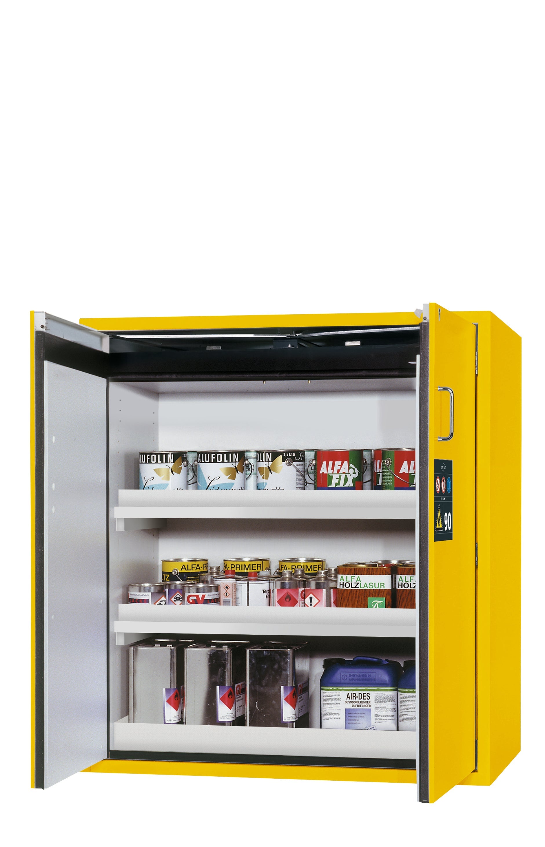 Type 90 safety cabinet S-PEGASUS-90 model S90.129.120.WDAC in safety yellow RAL 1004 with 2x standard tray base (polypropylene)