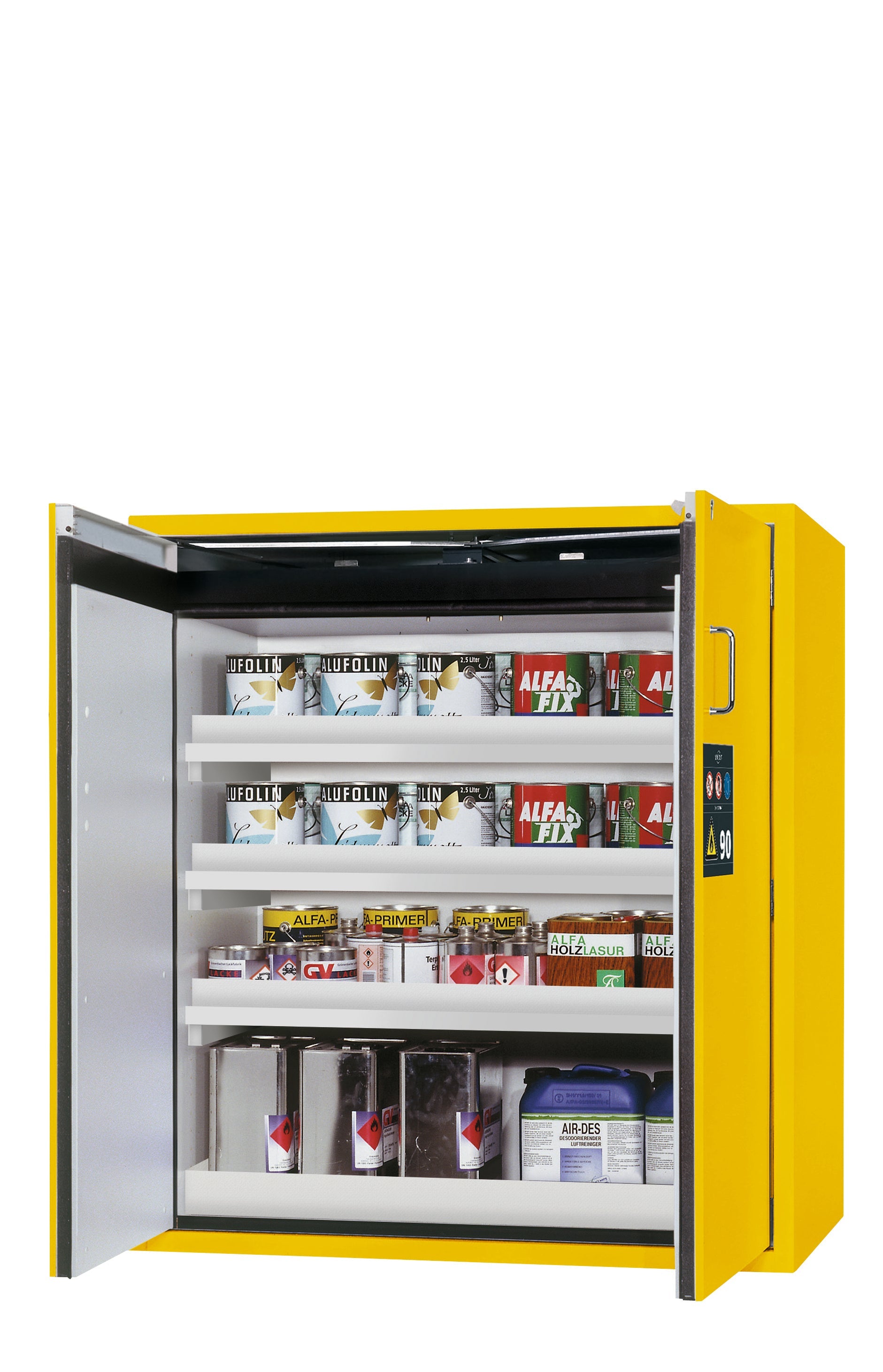 Type 90 safety cabinet S-PEGASUS-90 model S90.129.120.WDAC in safety yellow RAL 1004 with 3x standard tray base (polypropylene)