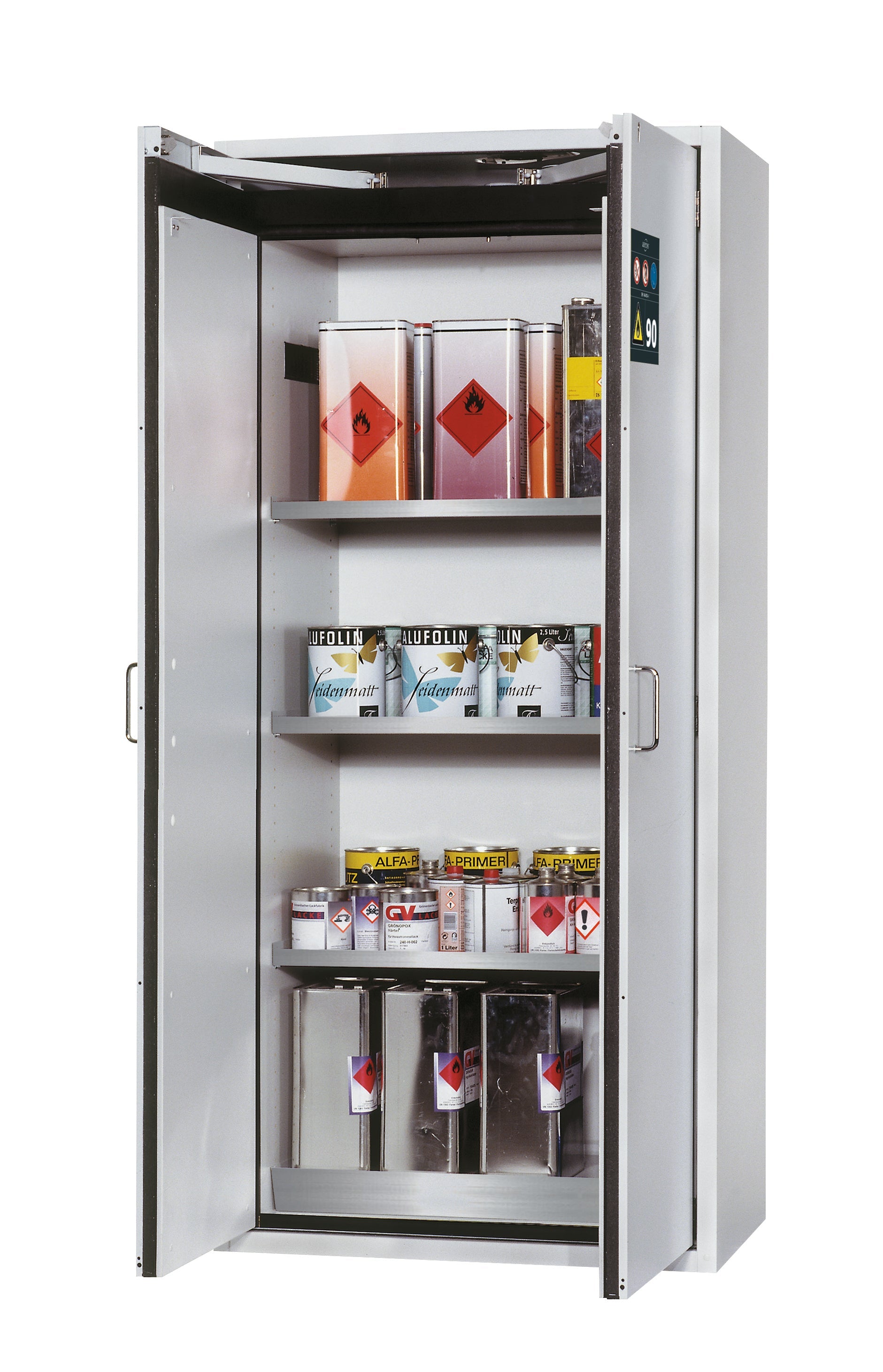 Armoire de sécurité type 90 S-CLASSIC-90 modèle S90.196.090.WDAS en gris clair RAL 7035 avec 3x étagères standard (acier inoxydable 1.4301)