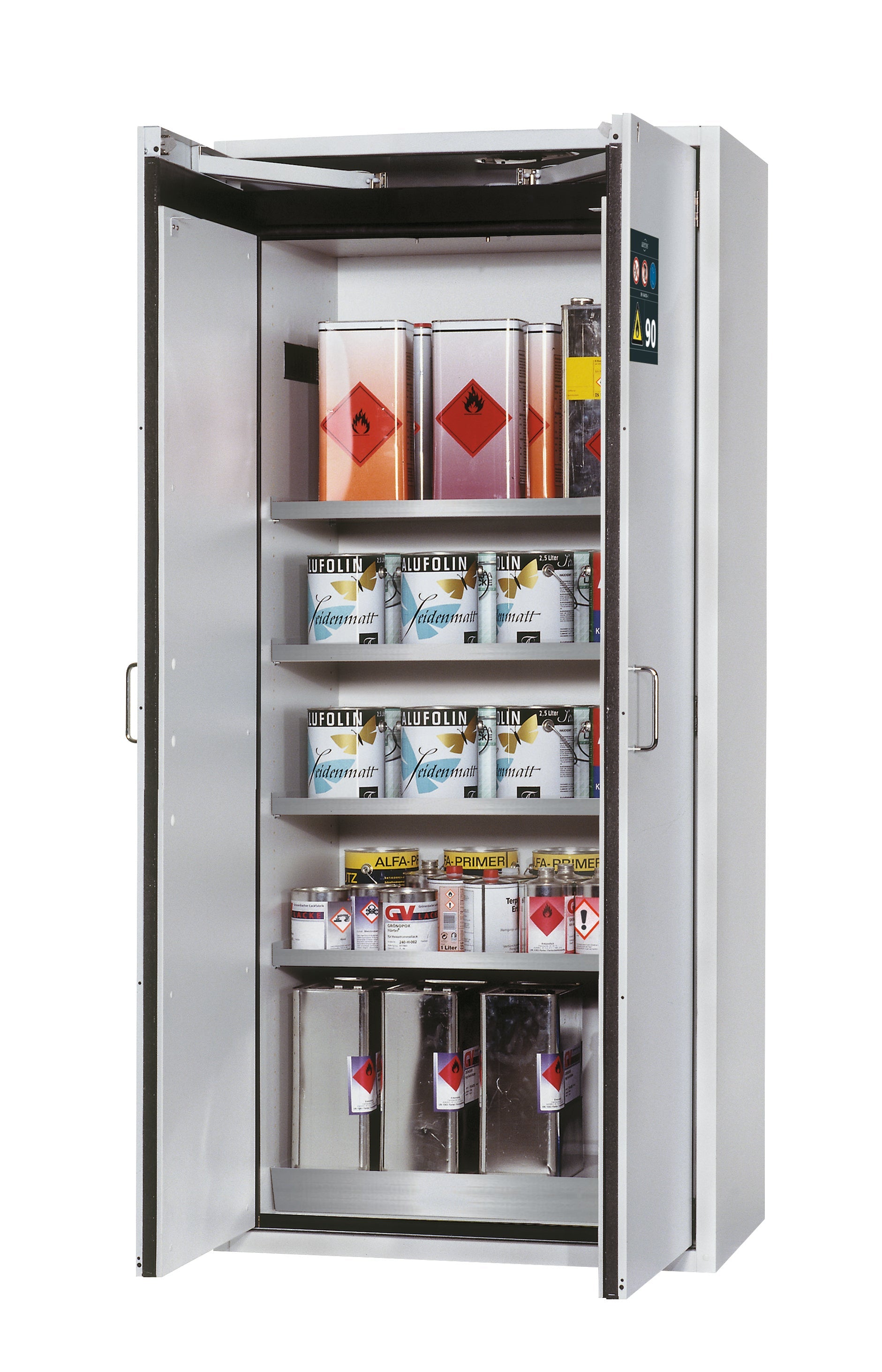 Armoire de sécurité type 90 S-CLASSIC-90 modèle S90.196.090.WDAS en gris clair RAL 7035 avec 4x étagères standard (acier inoxydable 1.4301)