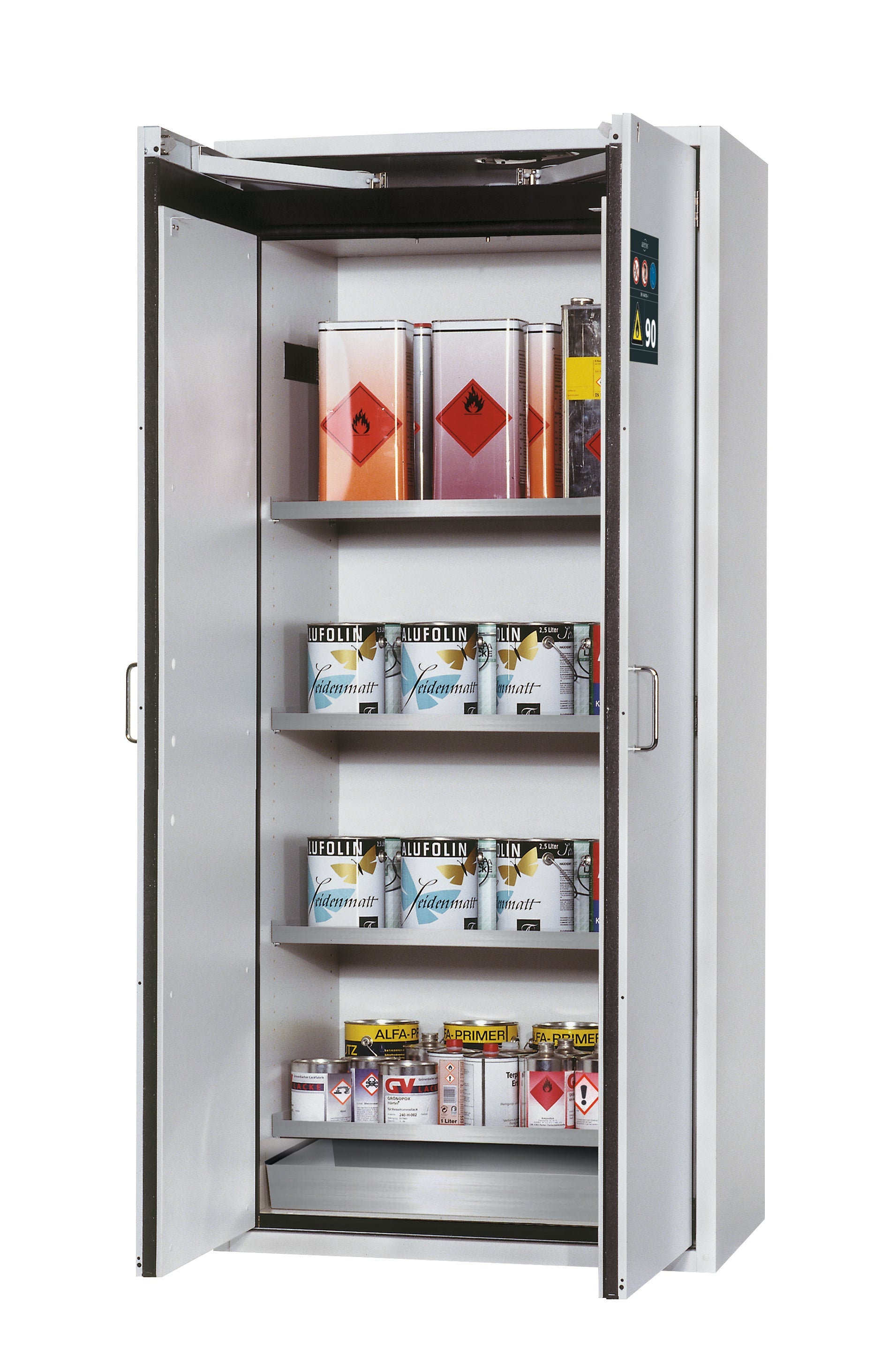 Armoire de sécurité type 90 S-CLASSIC-90 modèle S90.196.090.WDAS en gris clair RAL 7035 avec 4x étagères standard (acier inoxydable 1.4301)