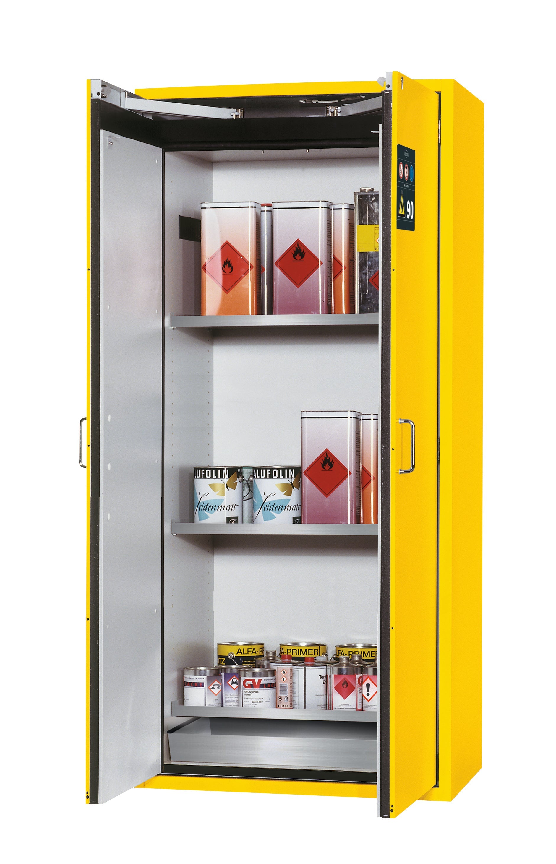 Armoire de sécurité type 90 S-CLASSIC-90 modèle S90.196.090 en jaune de sécurité RAL 1004 avec 3 étagères standard (acier inoxydable 1.4301)