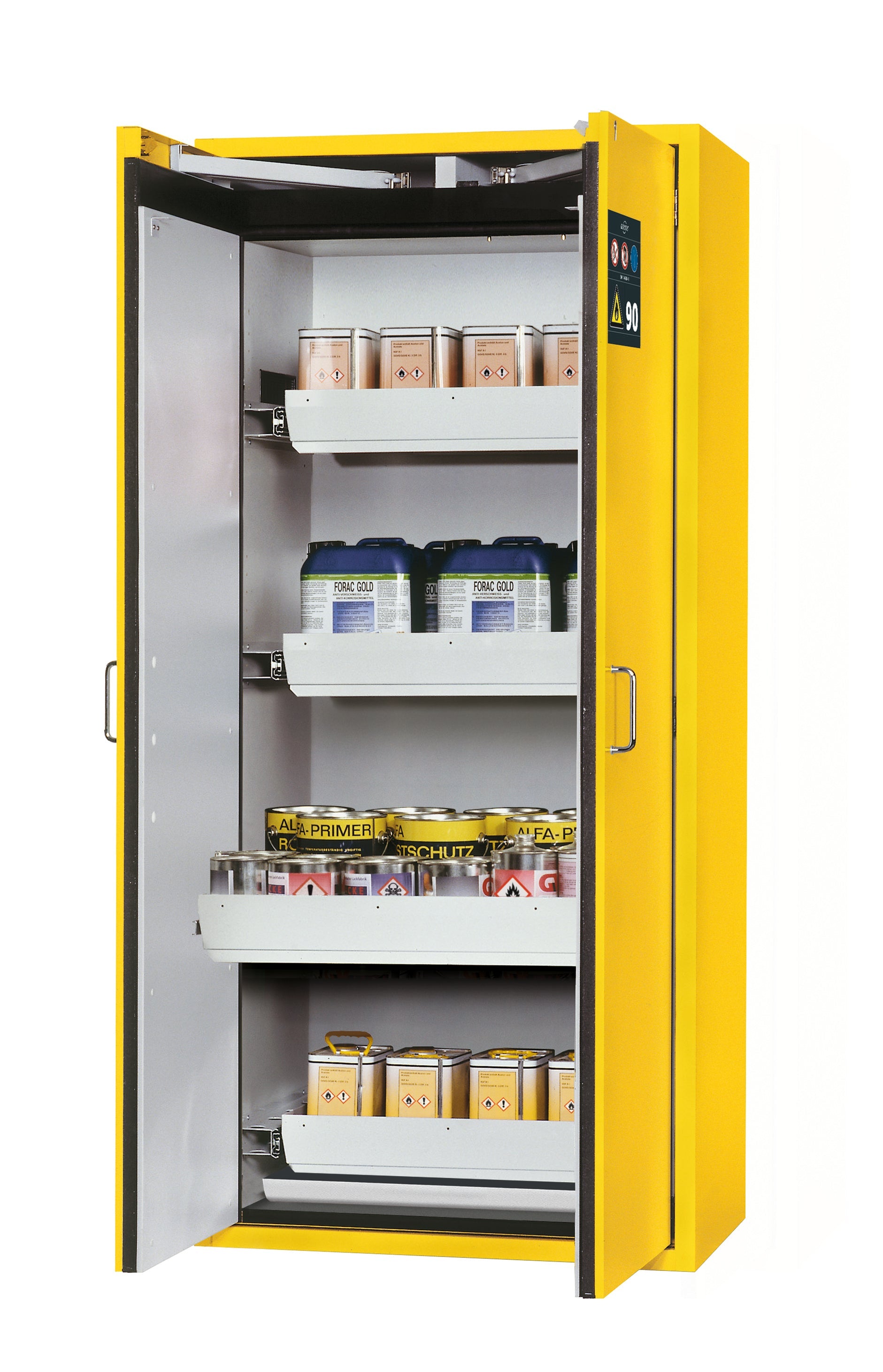 Armoire de sécurité type 90 S-CLASSIC-90 modèle S90.196.090.WDAS en jaune de sécurité RAL 1004 avec 4x plateaux coulissants standard (tôle d'acier)