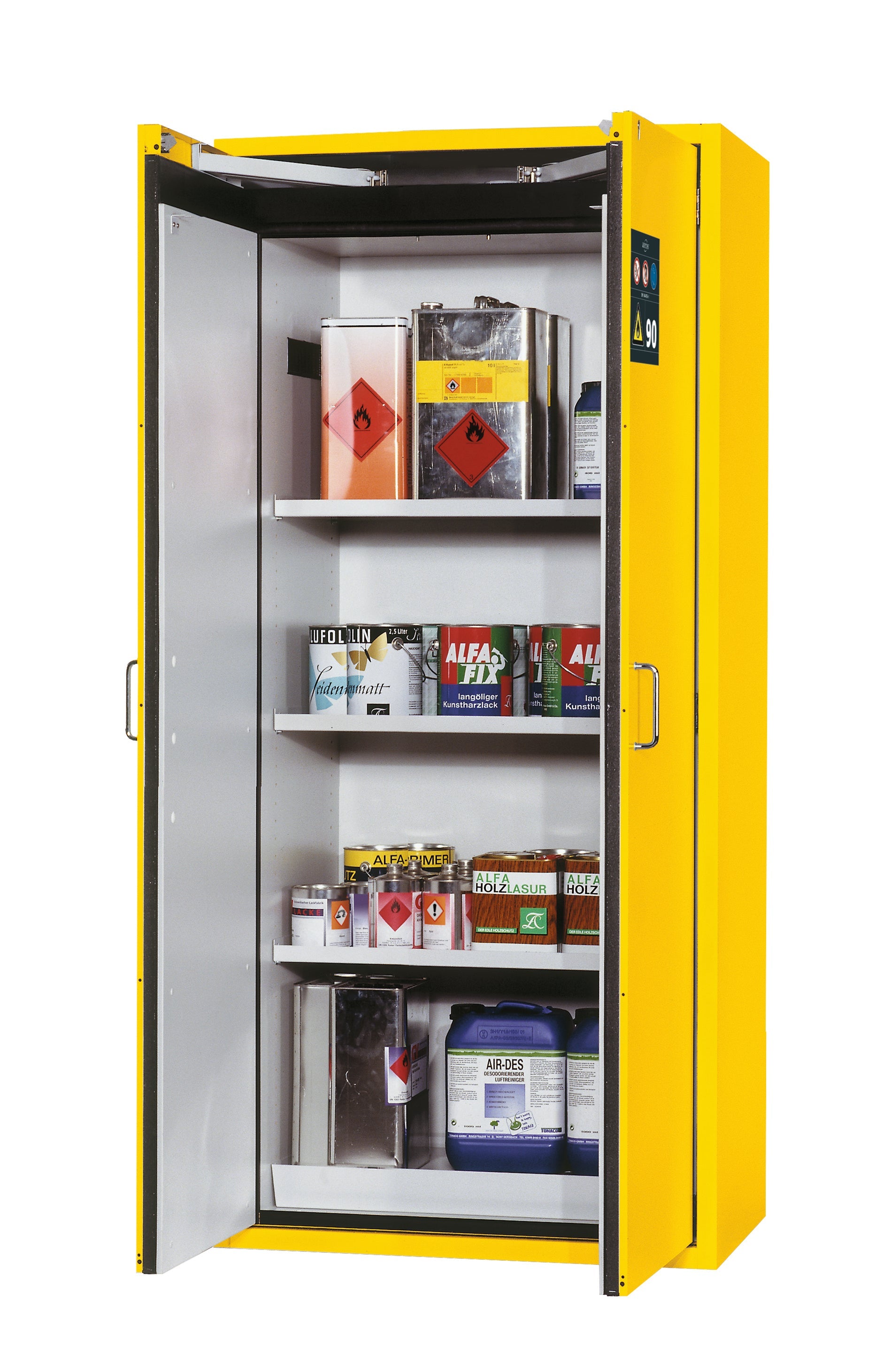 Armoire de sécurité type 90 S-CLASSIC-90 modèle S90.196.090.WDAS en jaune de sécurité RAL 1004 avec 3 étagères standard (tôle d'acier)